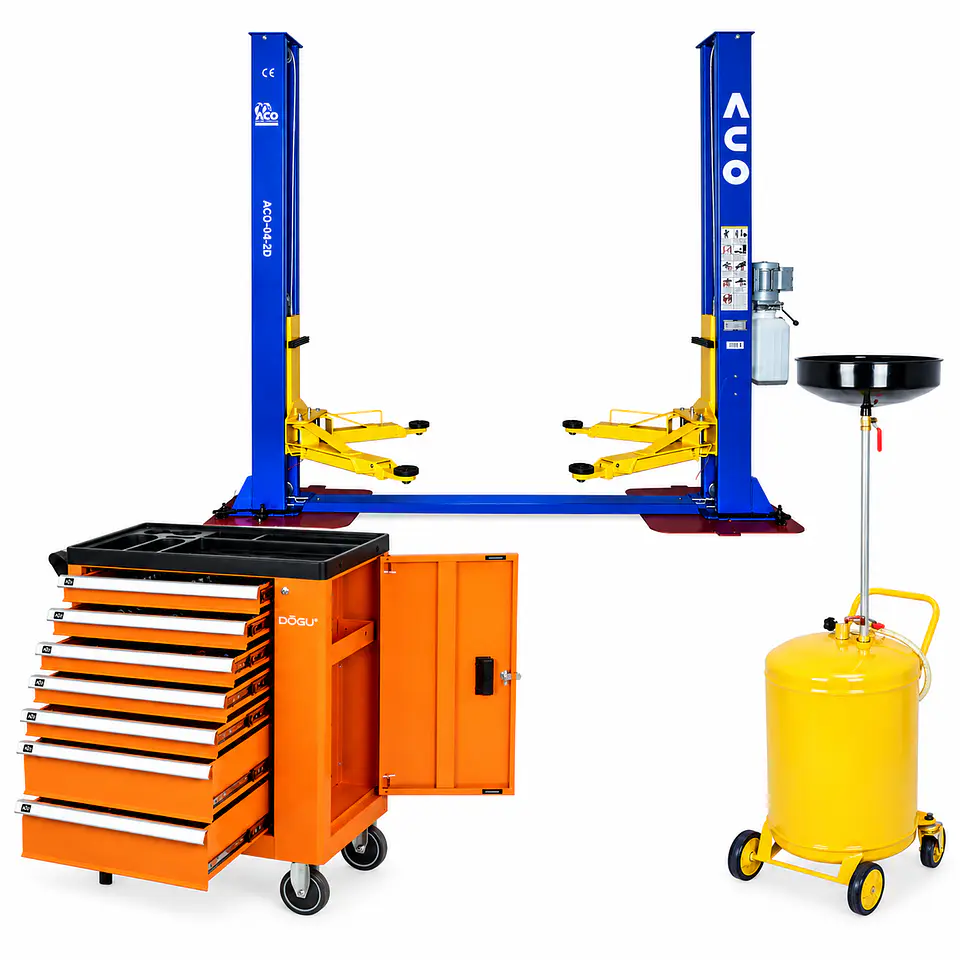 Pack Serviteca – Elevador 2 Columnas + Recogedor de Aceite + Carro con 158 Herramientas 1