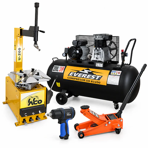 Pack Vulcanización Básico – U-200 + Compresor 3 HP 200L + Gata Perfil Bajo 3T + Llave de Impacto 800 Nm