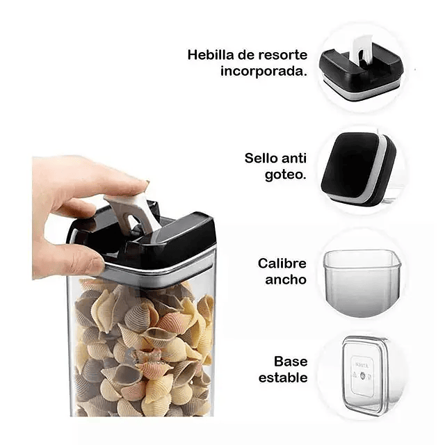 Juego x6 recipientes herméticos para cocina tapa negra