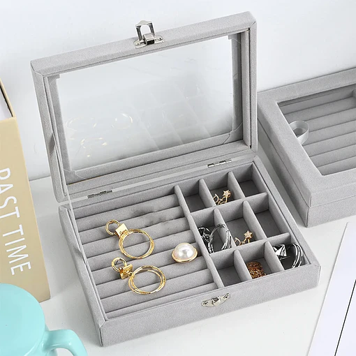 Joyero organizador gris terciopelo cubierta de acrílico - Gris