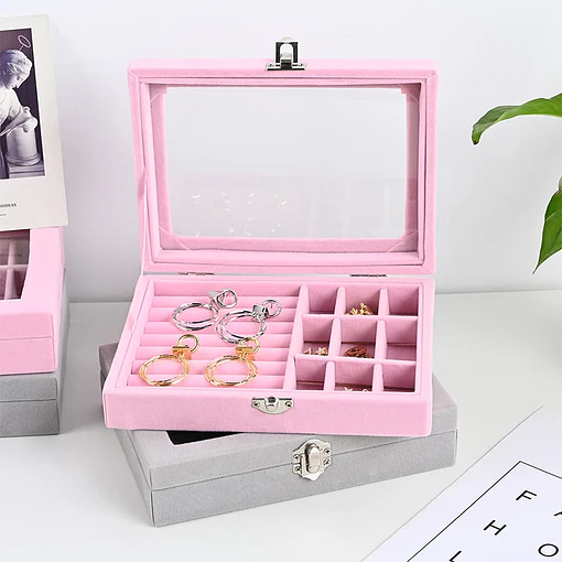Joyero organizador gris terciopelo cubierta de acrílico - Rosa