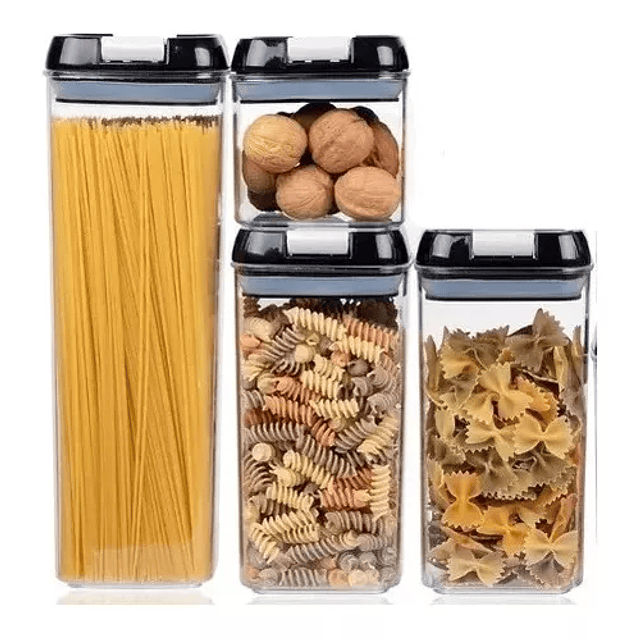 Juego x4 recipientes herméticos para cocina tapa negra contenedor de alimentos