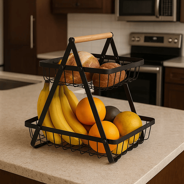 Cesta de metal rectangular 2 niveles organizador de almacenamiento para fruta, cocina, pan y verduras, frutero