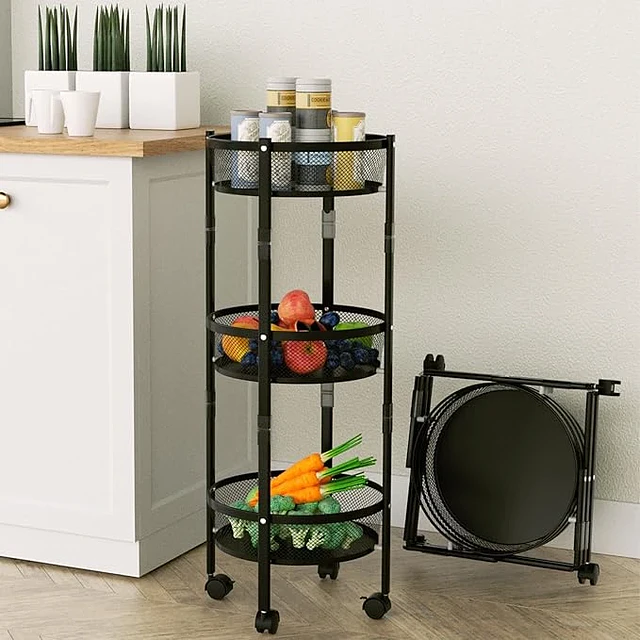Estante de almacenamiento plegable redondo de 3 niveles con ruedas para cocina 