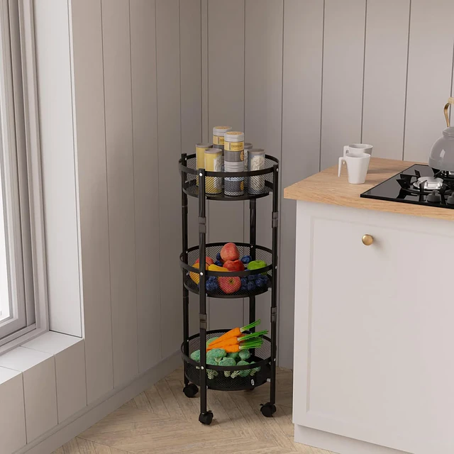 Estante de almacenamiento plegable redondo de 3 niveles con ruedas para cocina 