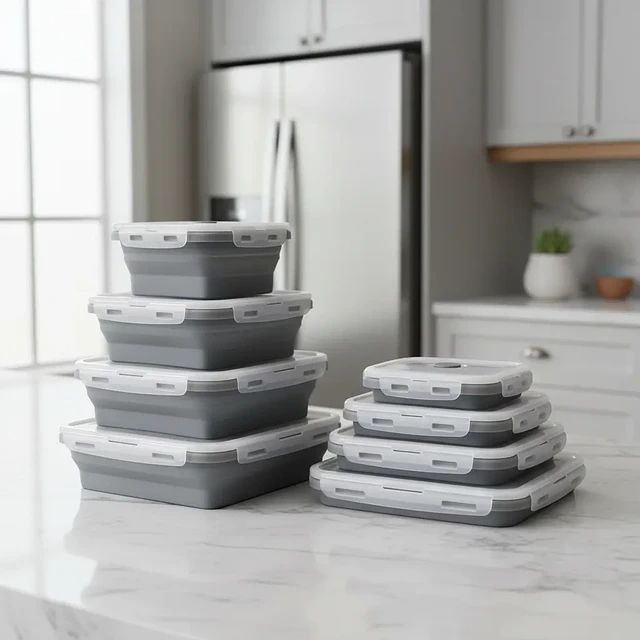 Organizador porta Comida Recipiente Hermético Silicona Plegable X4 Pzs