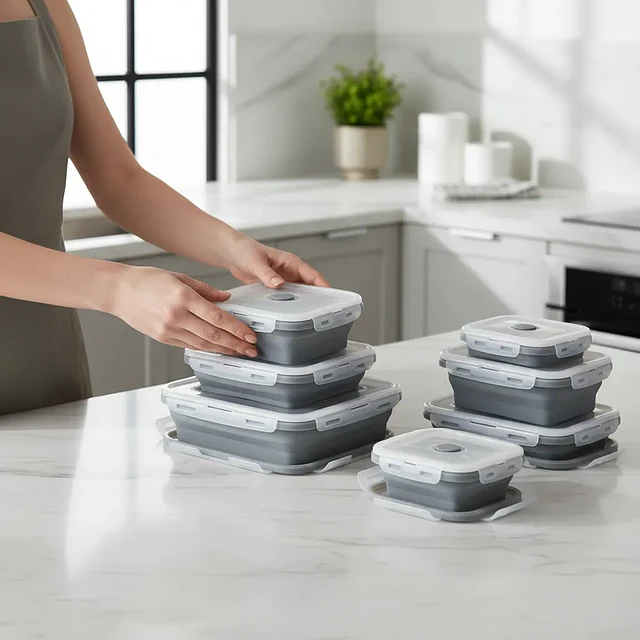 Organizador porta Comida Recipiente Hermético Silicona Plegable X4 Pzs