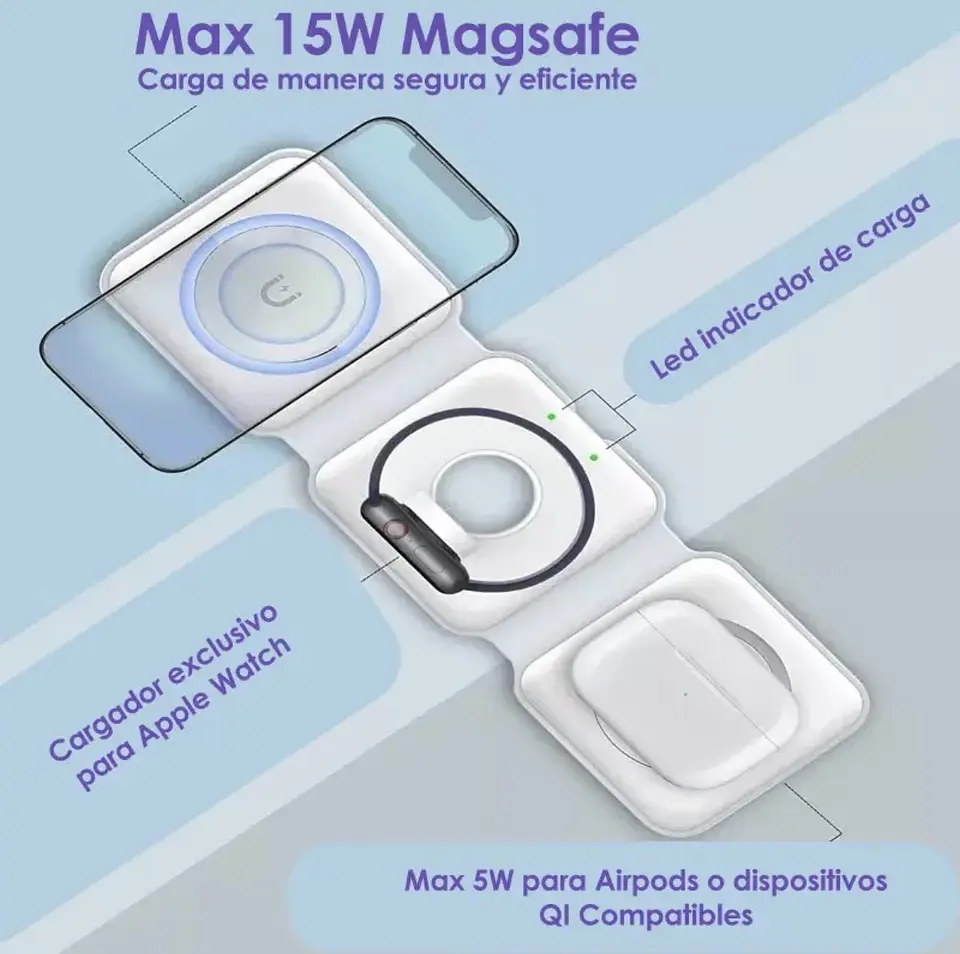 Cargador Inalámbrico Rápido 3 en 1 Vidvie Magsafe para iPhone, Apple Watch y Airpods 8