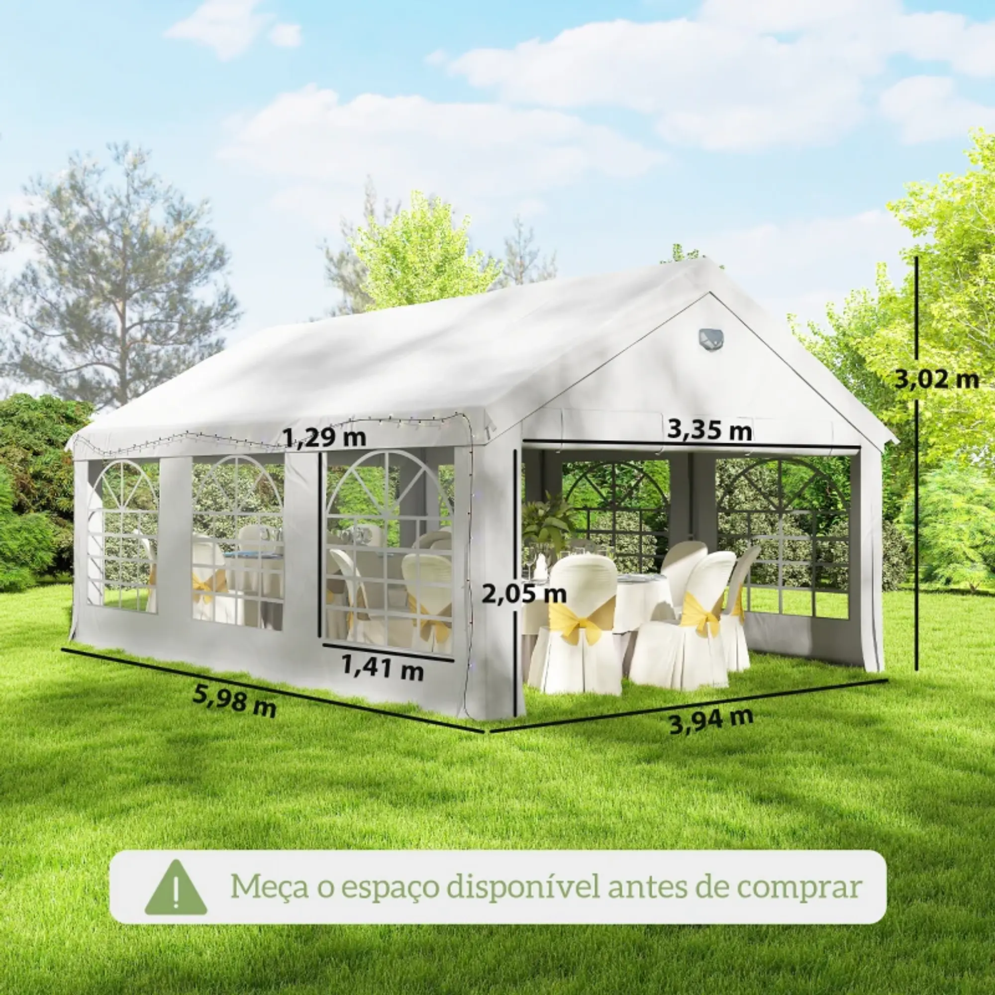 Tenda para Festas 4x6 m com Luzes LED, Paredes Removíveis, 2 Portas e Janelas, UPF30+, Branco 7