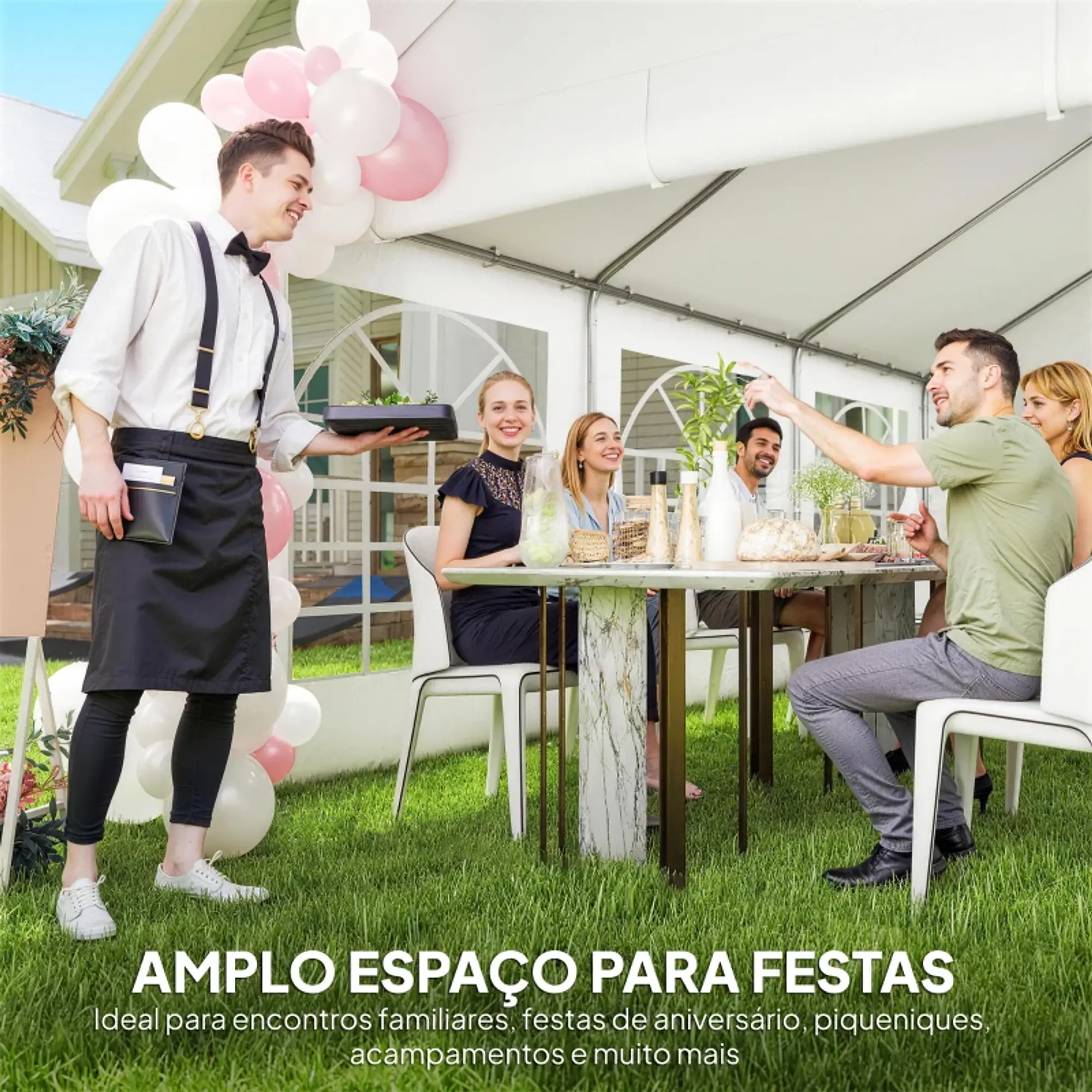 Tenda para Festas 4x6 m com Luzes LED, Paredes Removíveis, 2 Portas e Janelas, UPF30+, Branco 8