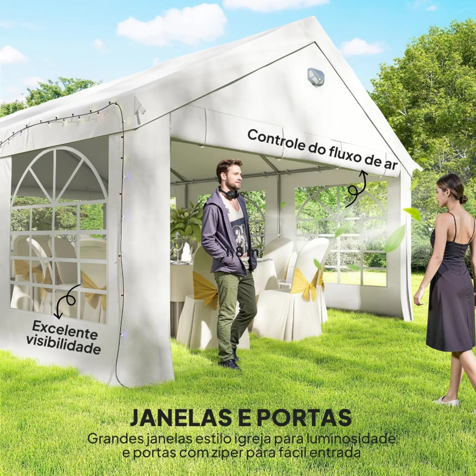 Tenda para Festas 4x6 m com Luzes LED, Paredes Removíveis, 2 Portas e Janelas, UPF30+, Branco 4