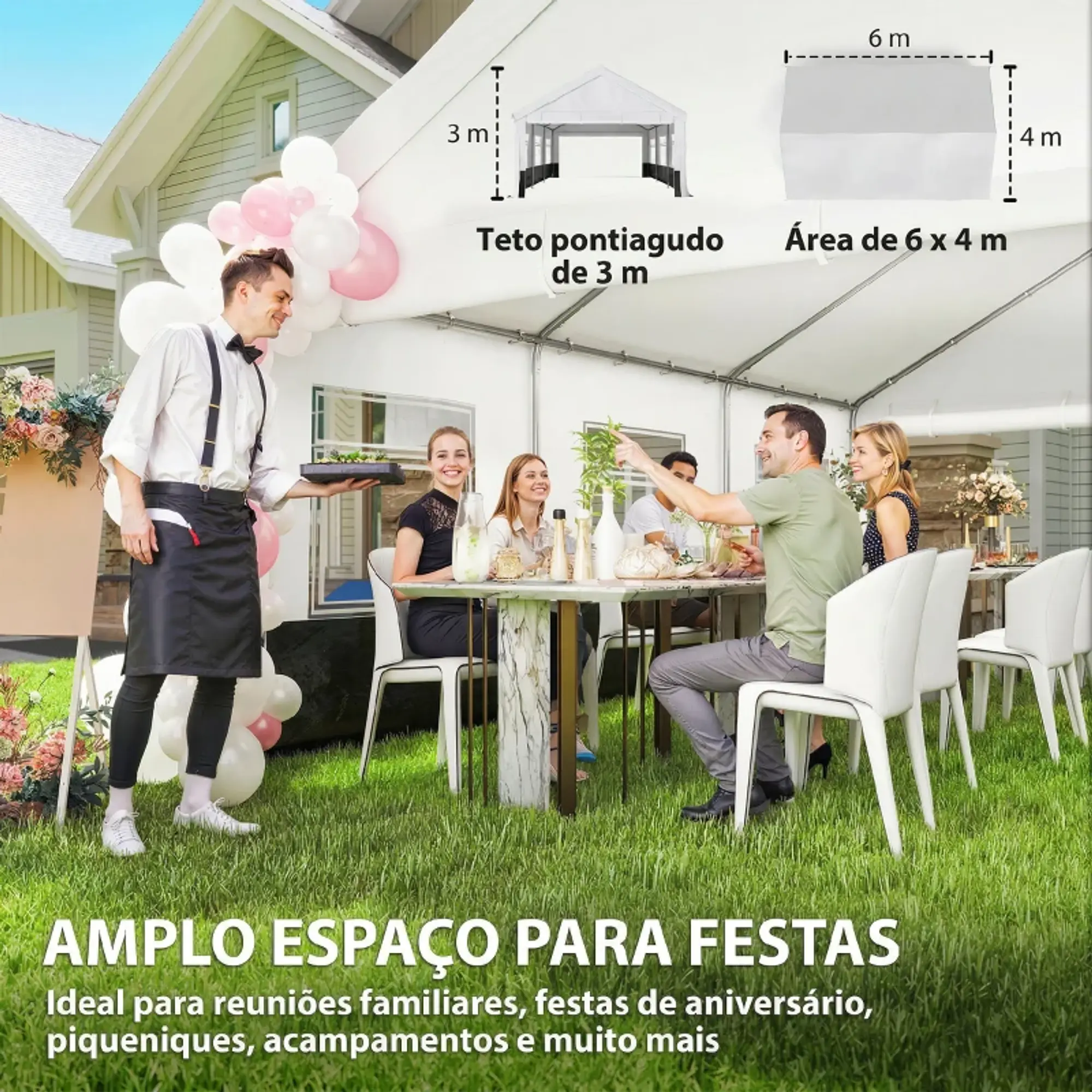 Tenda para Festas 4x6 m, Tenda de Jardim com Paredes Removíveis, 2 Portas e Janelas UPF30+ 7