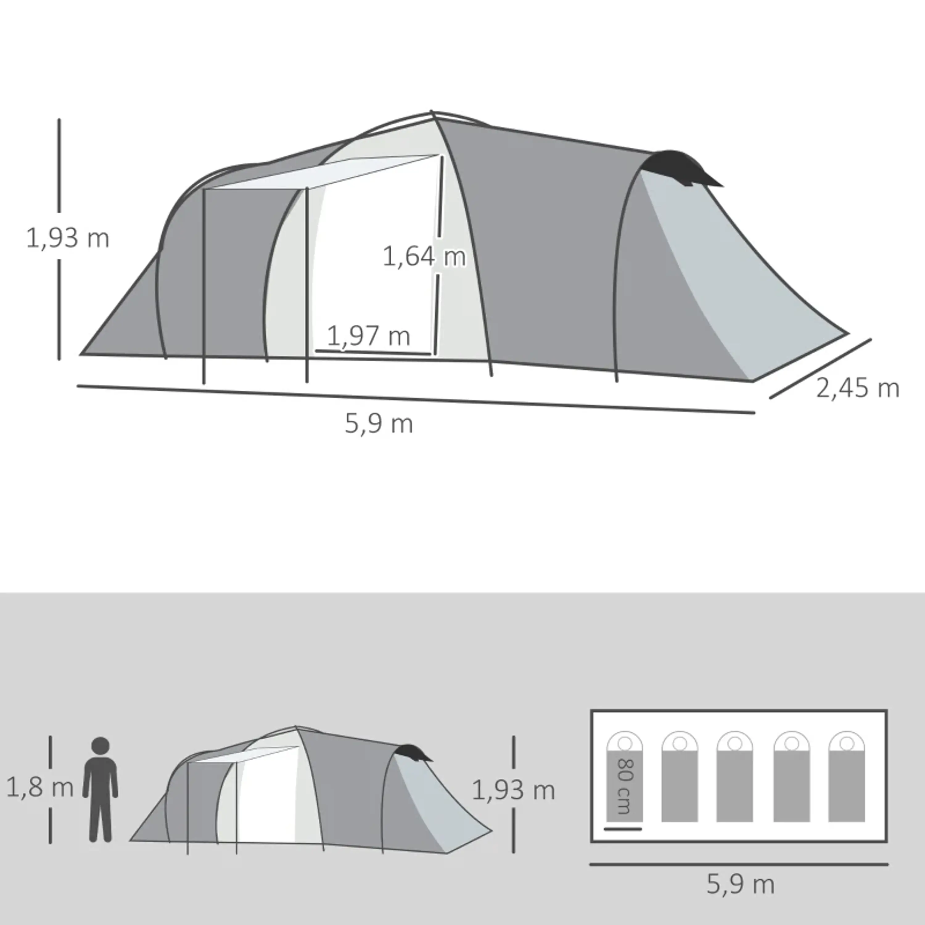 Tenda de Campismo Familiar  Impermeável Anti-UV 590x245x193 cm Cinza Prata 3