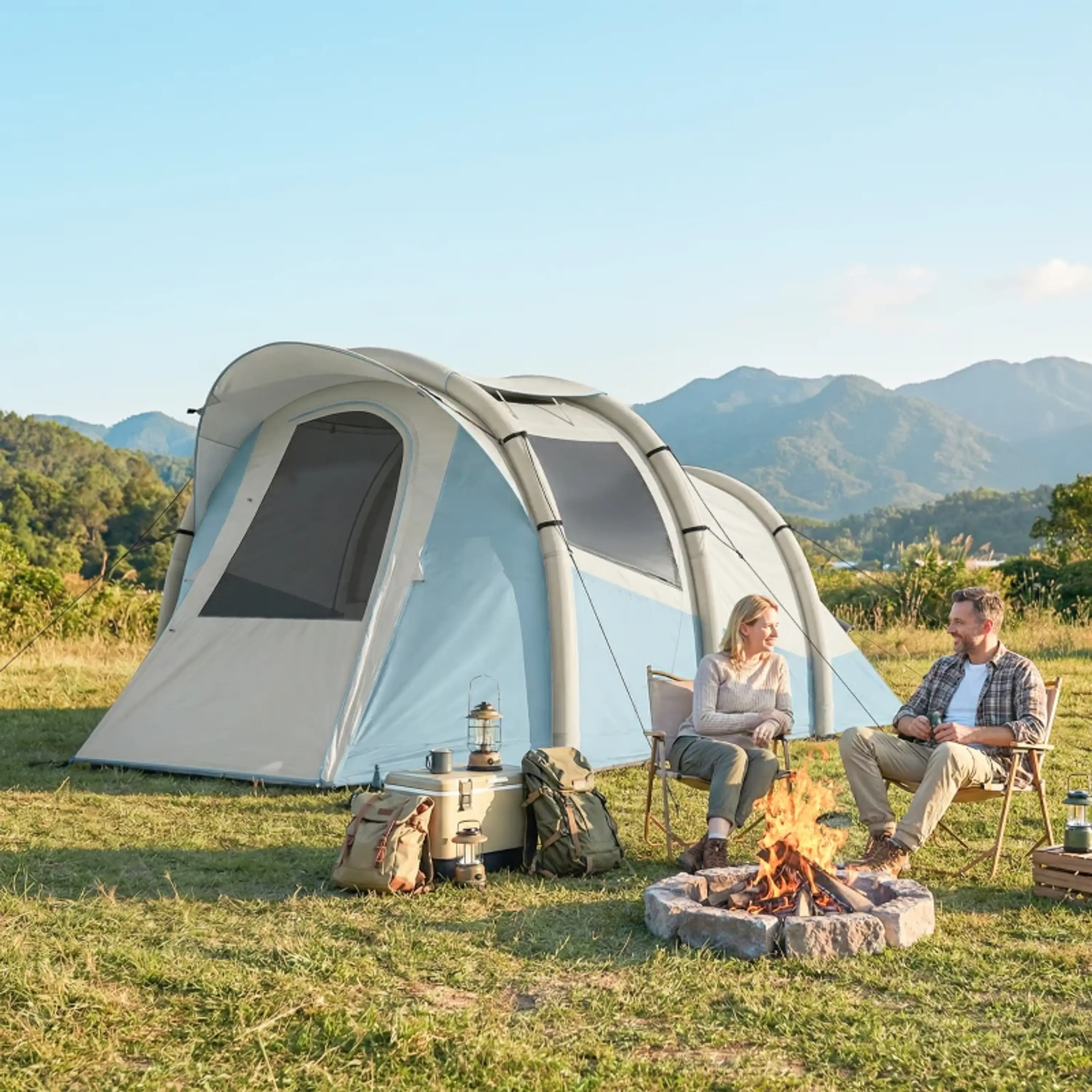 Tenda de Campismo Insuflável com Bomba, Impermeável - Montagem Rápida Azul 2