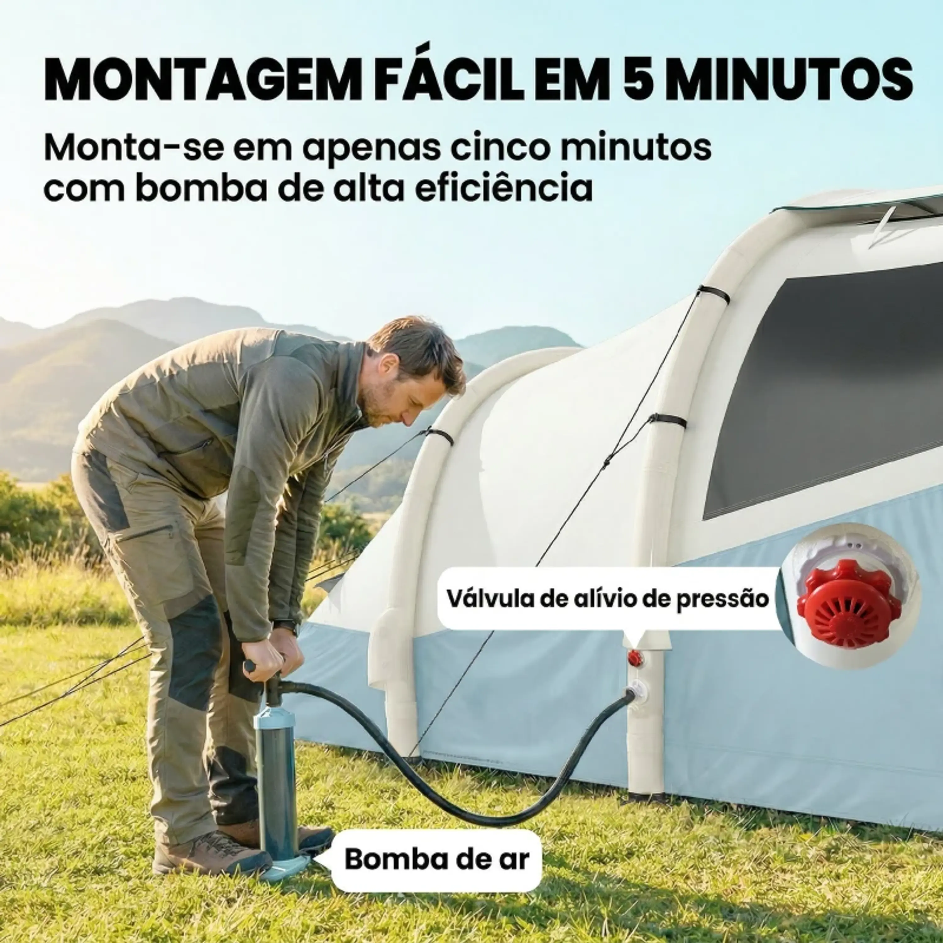 Tenda de Campismo Insuflável com Bomba, Impermeável - Montagem Rápida Azul 12