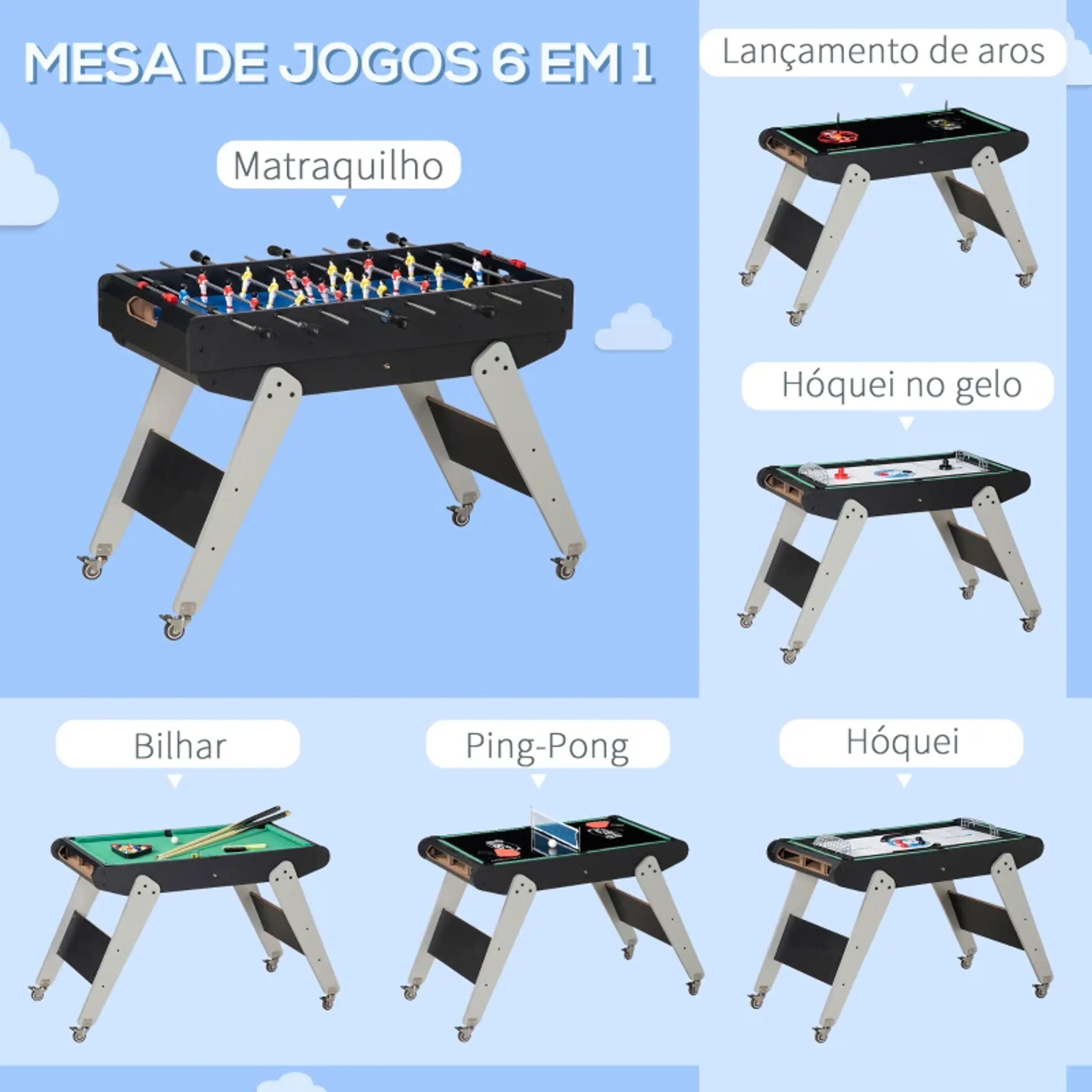 Mesa de Jogos 6 em 1 com Rodas 6