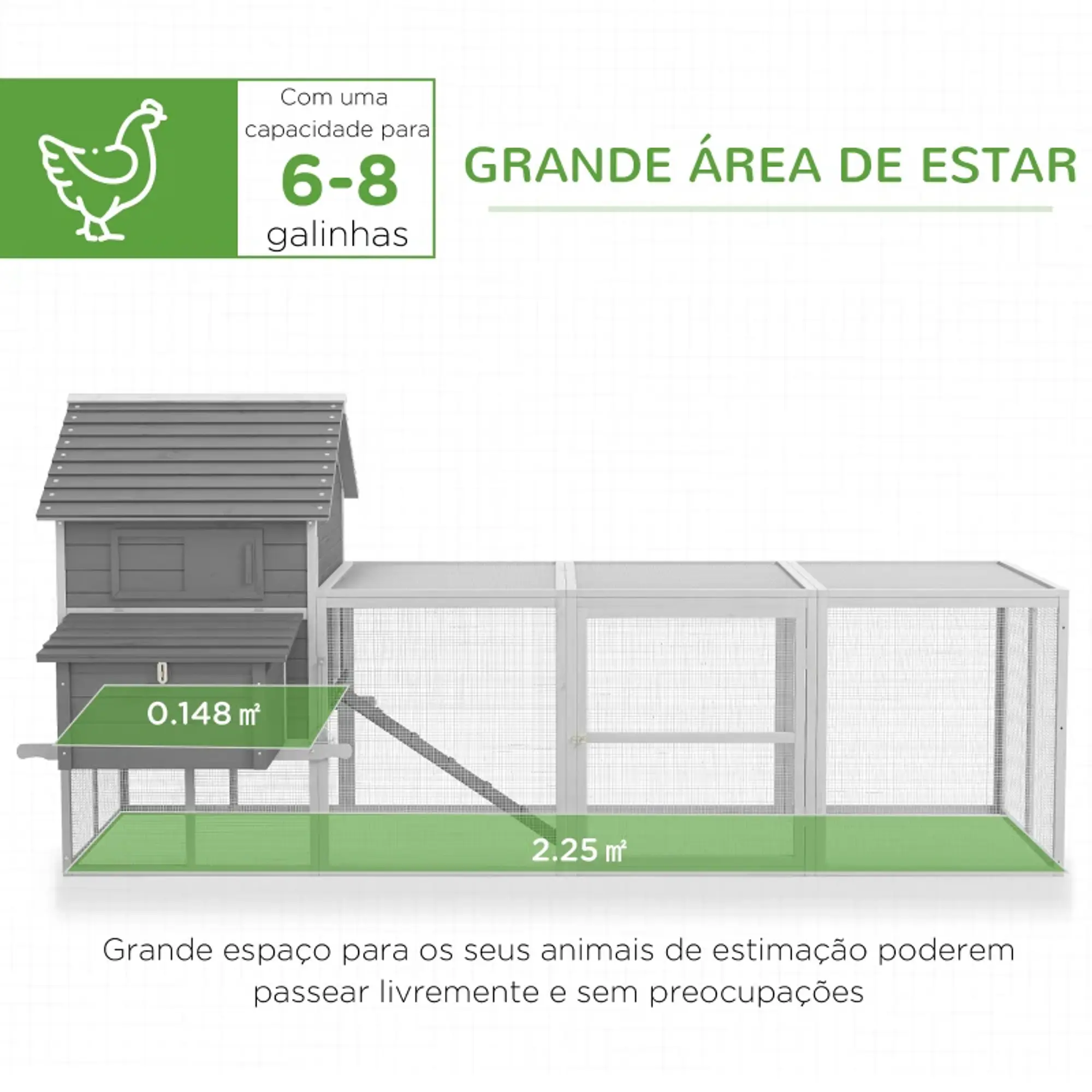 Galinheiro de Madeira para 4-6 galinhas com Ninhos Área Aberta de 2,25 ㎡ 6