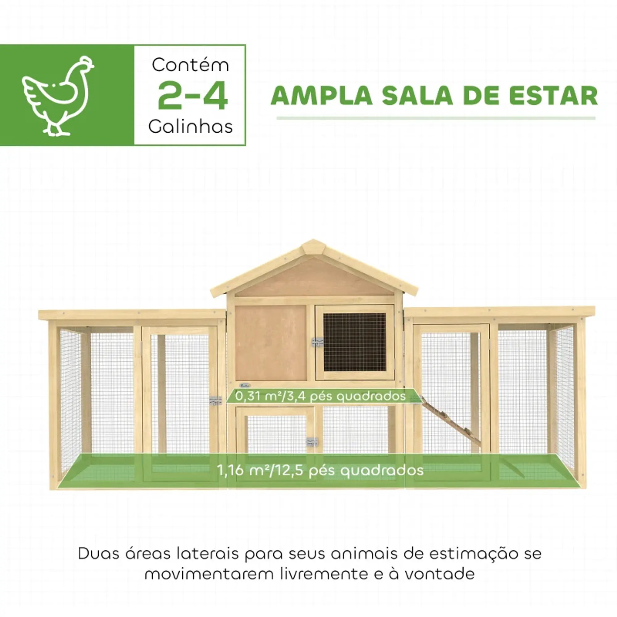 Galinheiro Grande para Exterior em Madeira 204x85x93 cm 11
