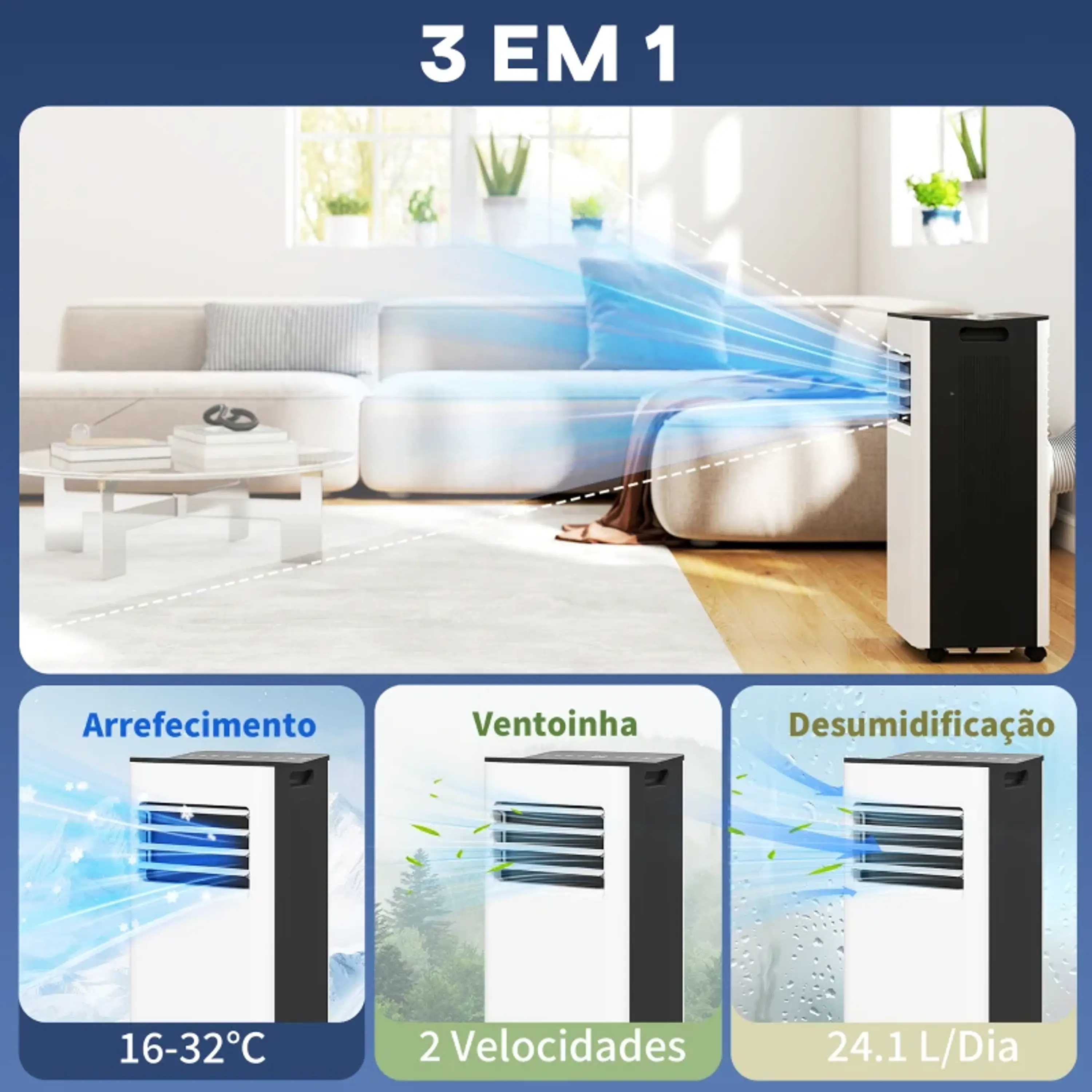 Ar Condicionado Portátil 3 em 1 9000 BTU Arrefecedor Ventoinha Desumidificador 24,1 L/ 25m² 3