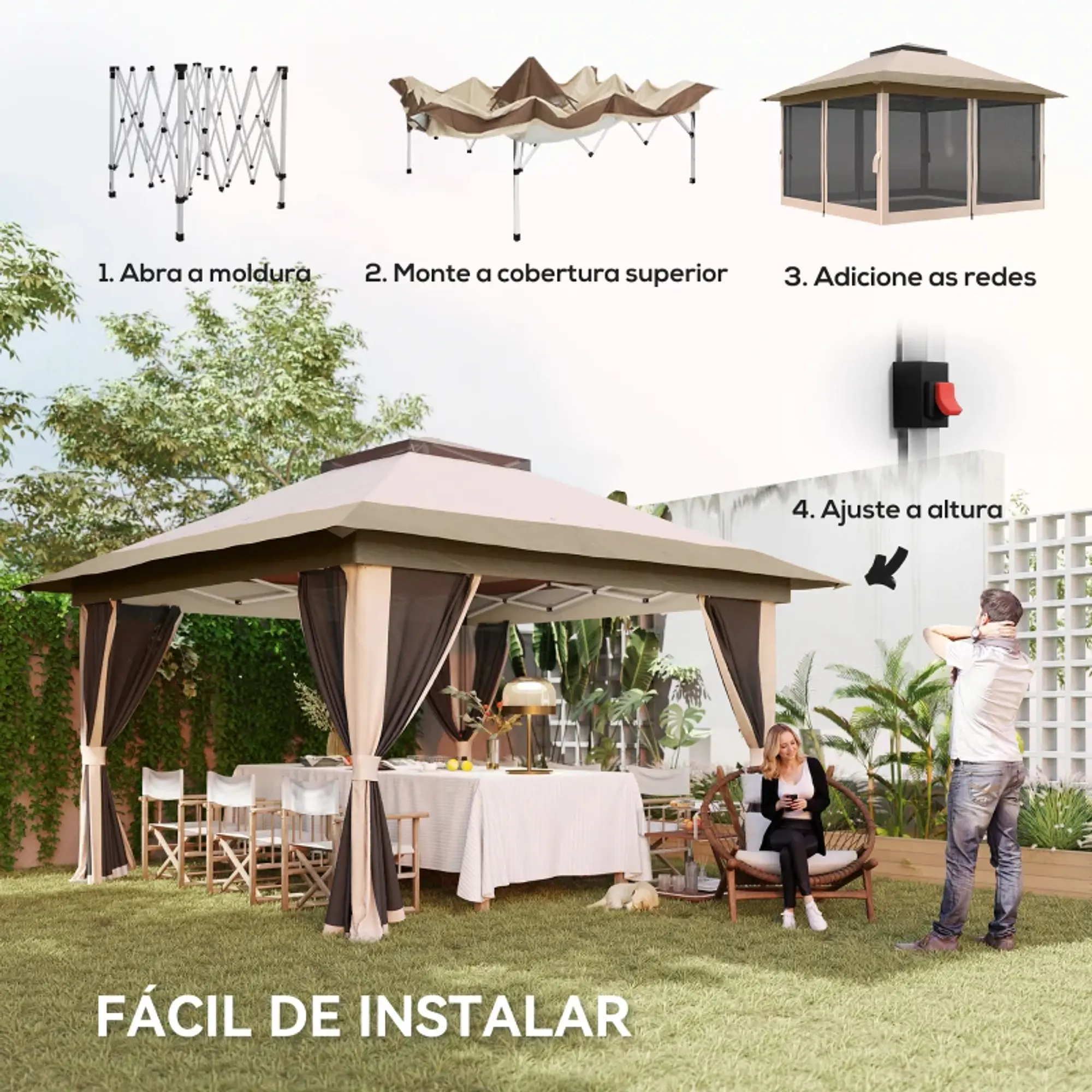 Pérgola Dobrável 3,6x3,6 m com Laterais de Rede UPF50+ 7
