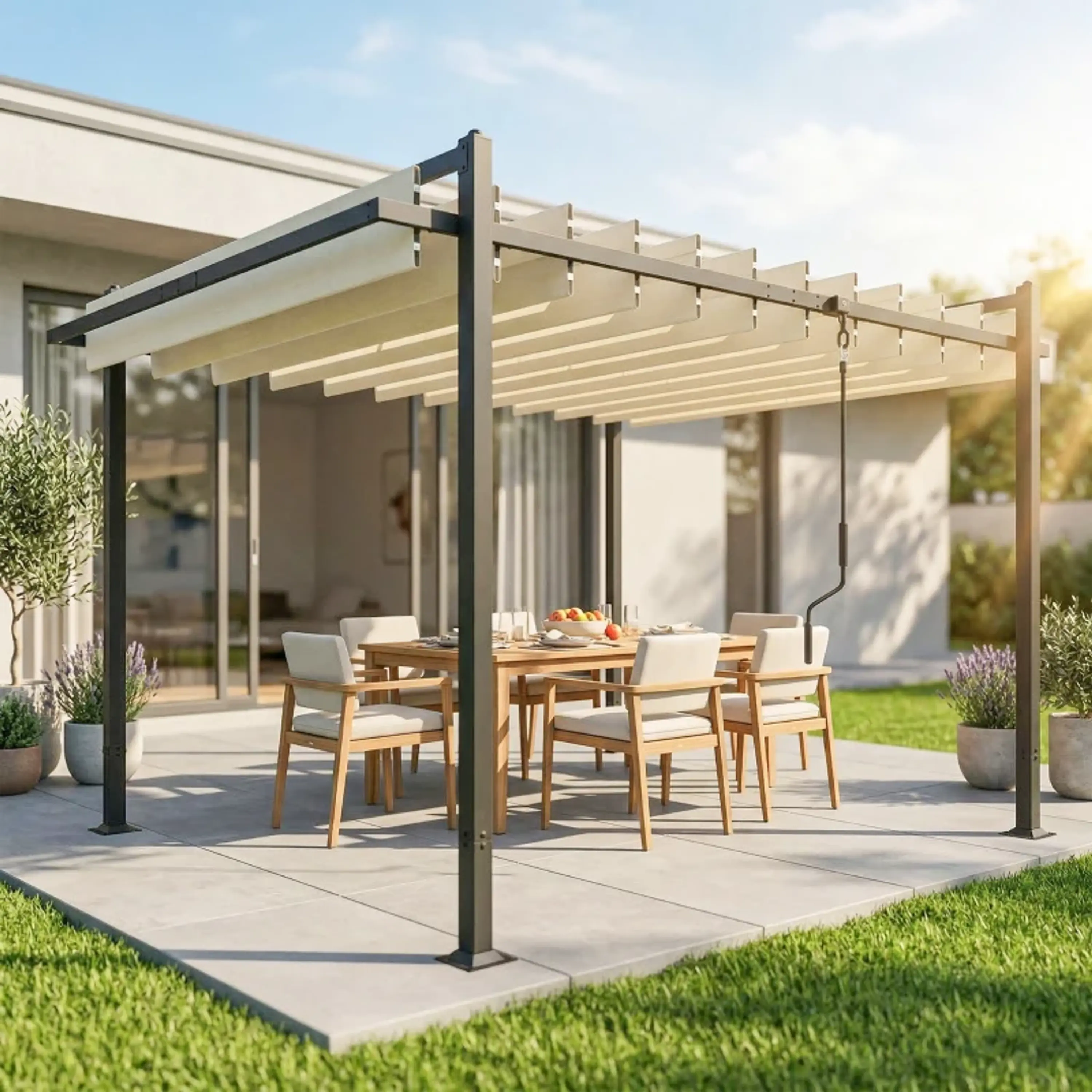 Pérgola de Jardim 3x3,8 m com Toldo Corrediço Ajustável a 90° Manivela, Estrutura de Alumínio e Aço UPF50+ Bege 2
