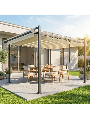 Pérgola de Jardim 3x3,8 m com Toldo Corrediço Ajustável a 90° Manivela, Estrutura de Alumínio e Aço UPF50+ Bege