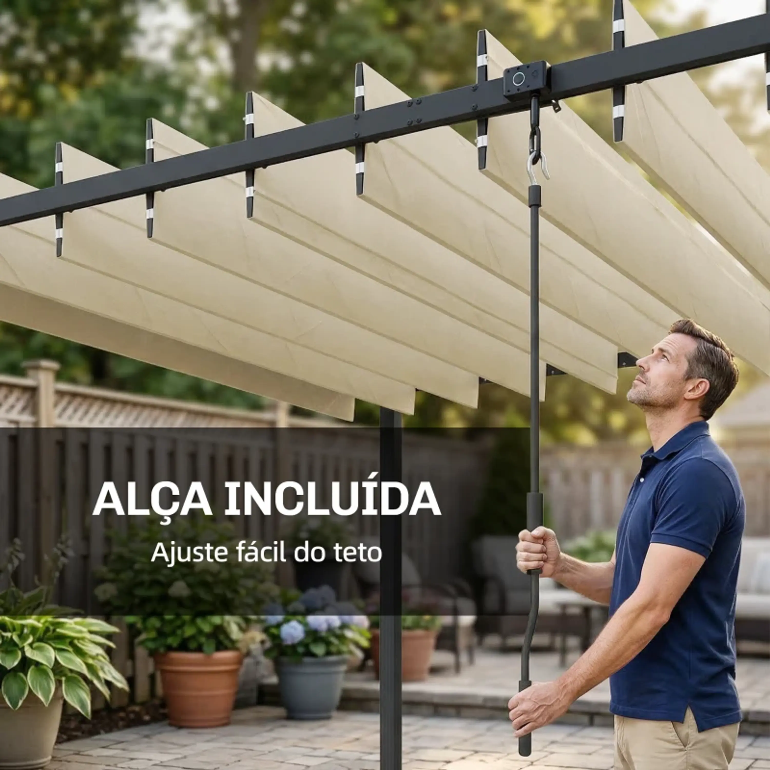 Pérgola de Jardim 3x3,8 m com Toldo Corrediço Ajustável a 90° Manivela, Estrutura de Alumínio e Aço UPF50+ Bege 4