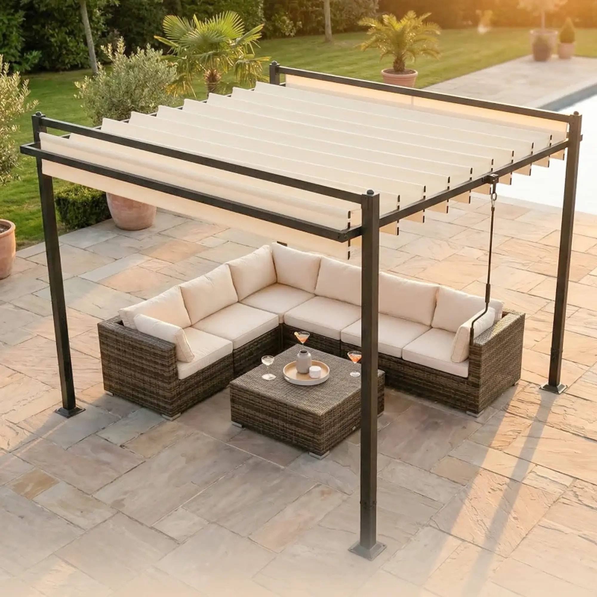 Pérgola de Jardim 3x3,8 m com Toldo Corrediço Ajustável a 90° Manivela, Estrutura de Alumínio e Aço UPF50+ Bege 5