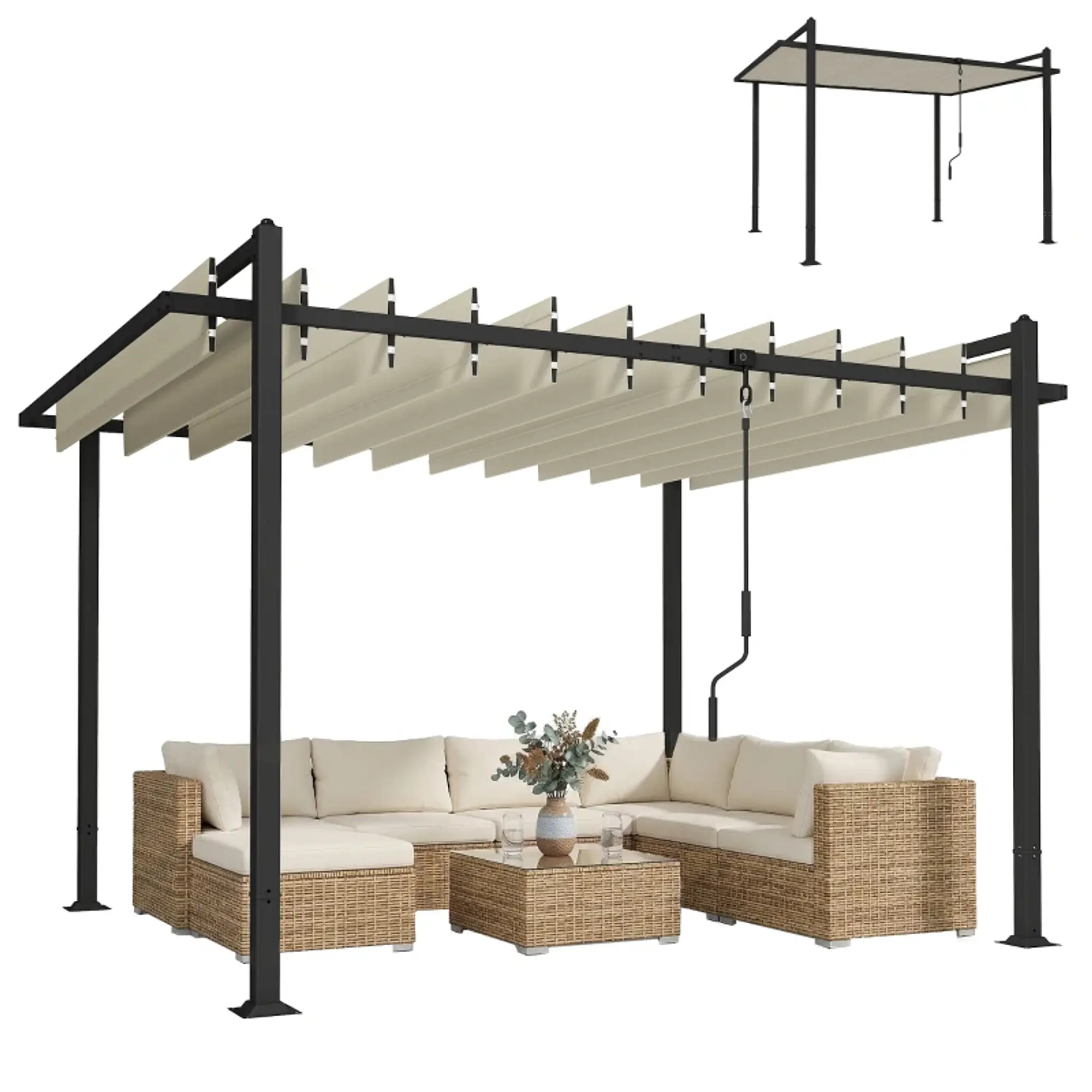 Pérgola de Jardim 3x3,8 m com Toldo Corrediço Ajustável a 90° Manivela, Estrutura de Alumínio e Aço UPF50+ Bege 1