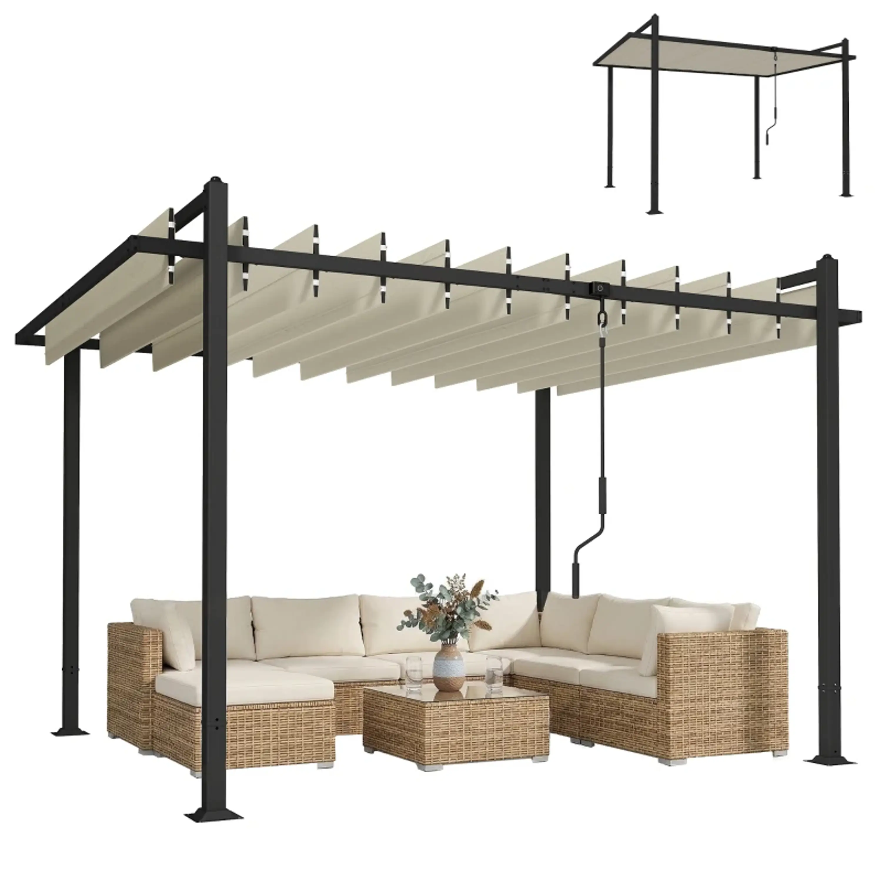Pérgola de Jardim 3x3,8 m com Toldo Corrediço Ajustável a 90° Manivela, Estrutura de Alumínio e Aço UPF50+ Bege 1