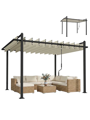 Pérgola de Jardim 3x3,8 m com Toldo Corrediço Ajustável a 90° Manivela, Estrutura de Alumínio e Aço UPF50+ Bege