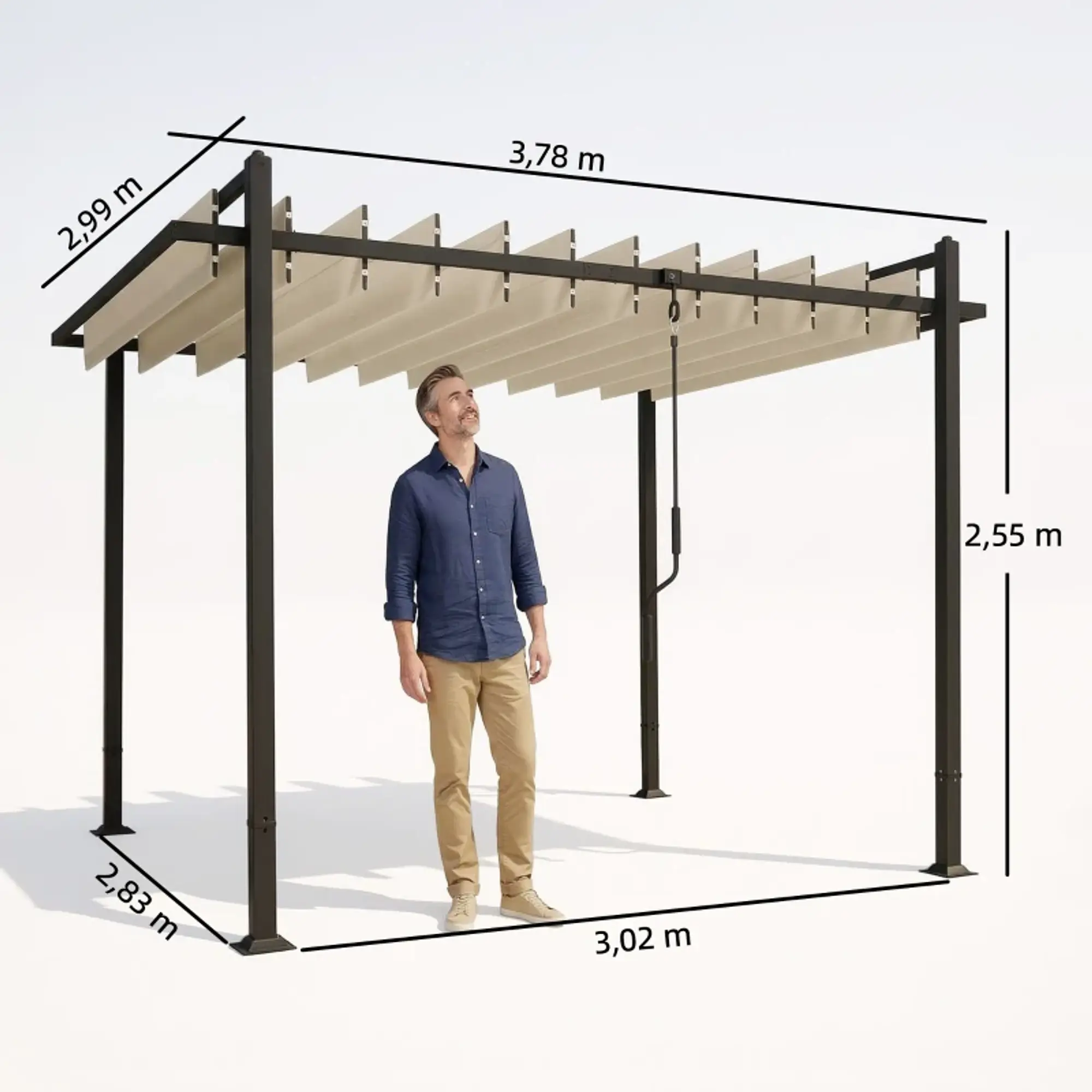 Pérgola de Jardim 3x3,8 m com Toldo Corrediço Ajustável a 90° Manivela, Estrutura de Alumínio e Aço UPF50+ Bege 3
