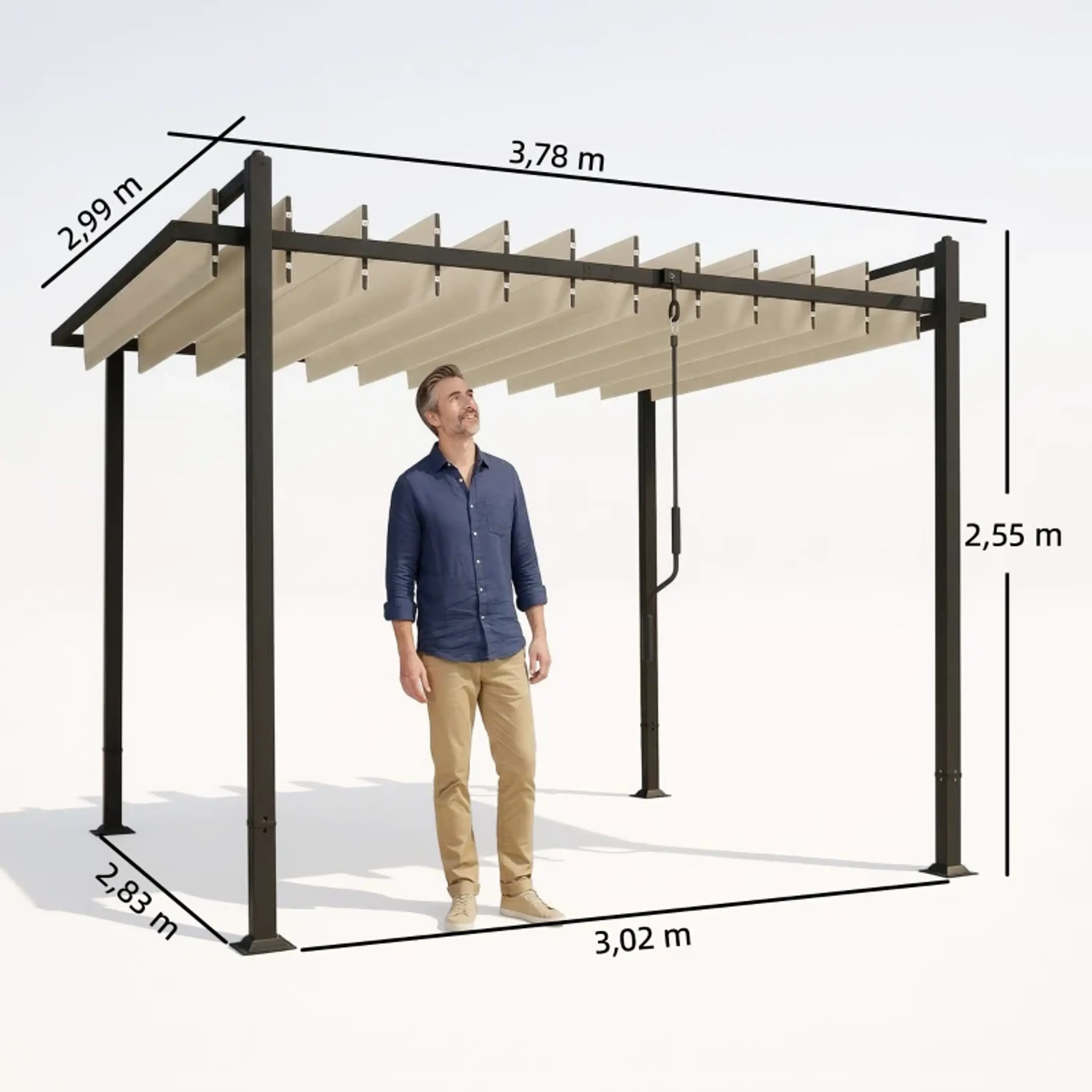 Pérgola de Jardim 3x3,8 m com Toldo Corrediço Ajustável a 90° Manivela, Estrutura de Alumínio e Aço UPF50+ Bege 3