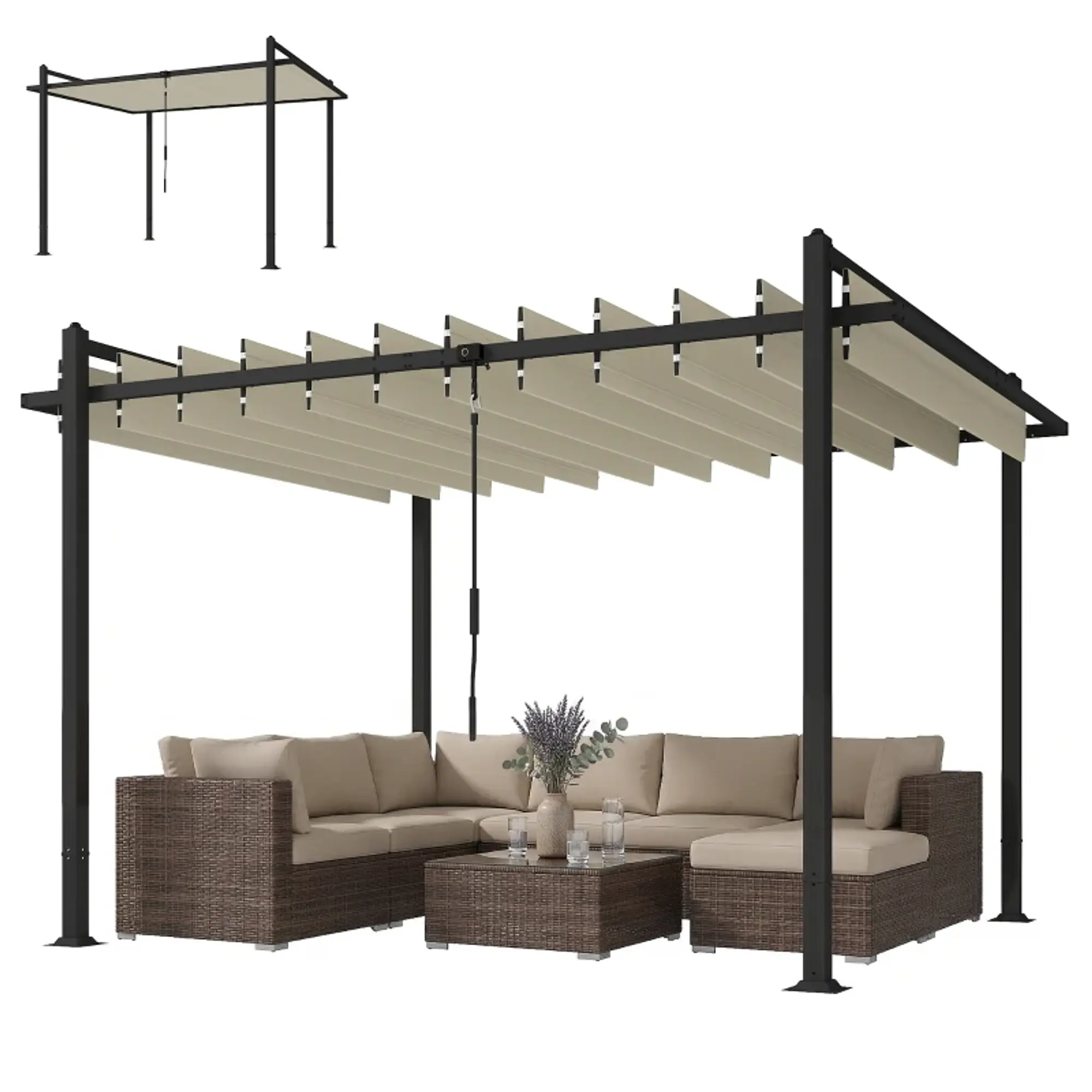 Pérgola de Jardim 3x3,8 m com Toldo Corrediço Ajustável a 90° Manivela, Estrutura de Alumínio e Aço UPF50+ Bege 10