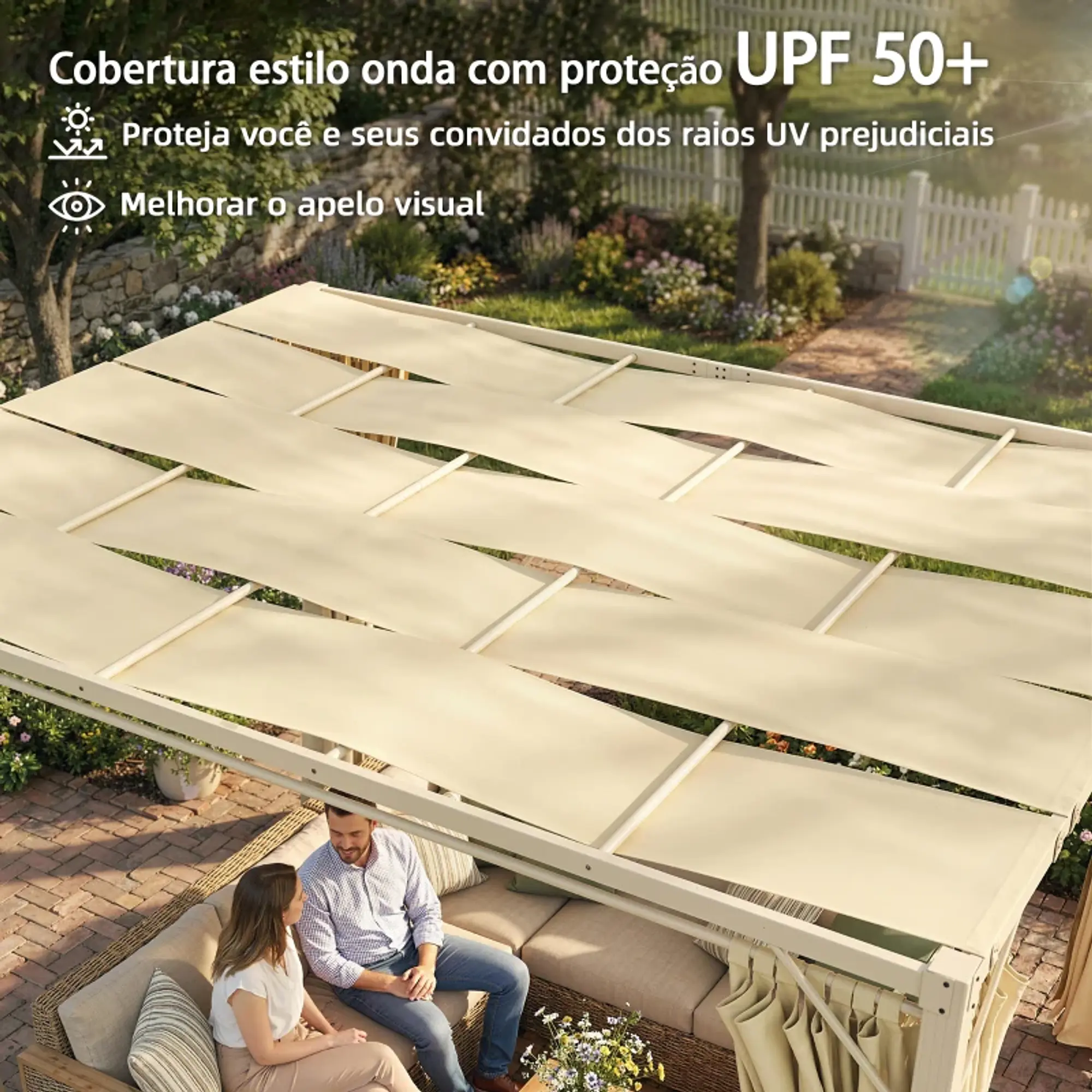 Pérgola de Jardim 385x295x225 cm com Teto Ondulado 4 Cortinas Removíveis Proteção UPF50+ 5