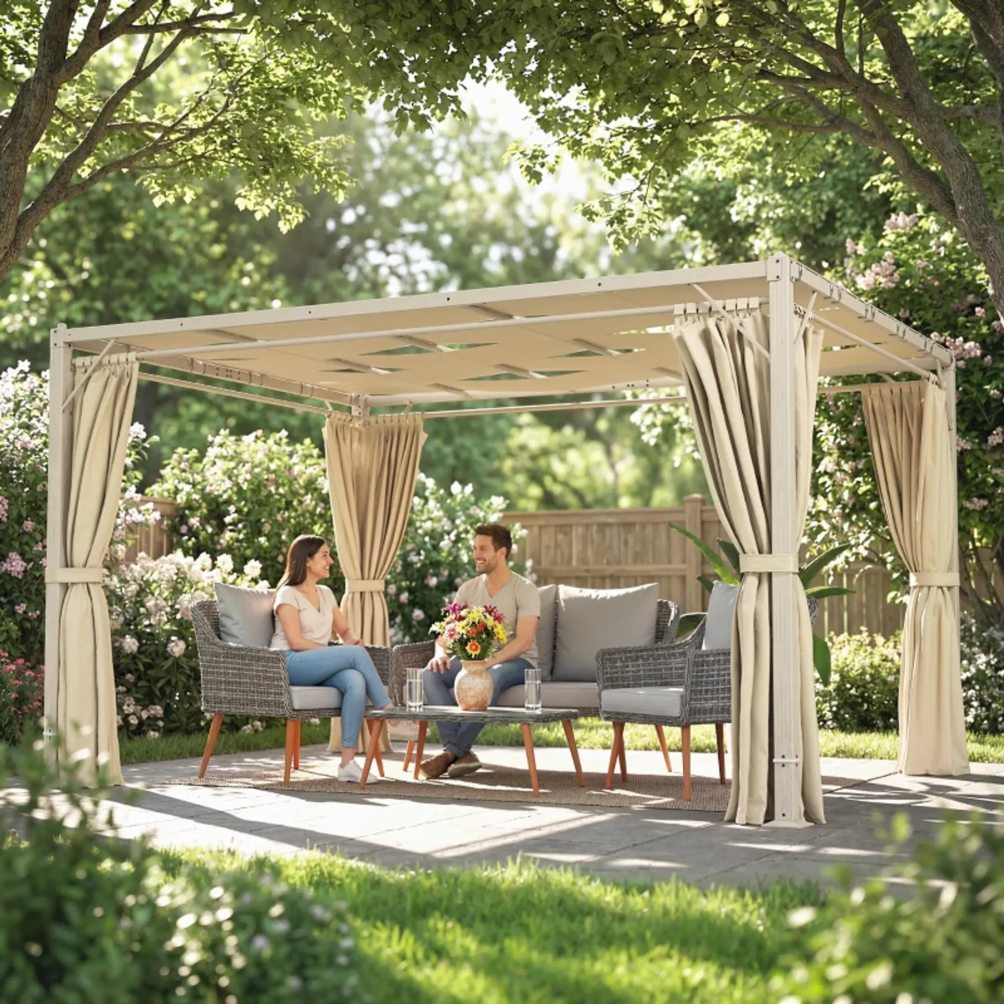Pérgola de Jardim 385x295x225 cm com Teto Ondulado 4 Cortinas Removíveis Proteção UPF50+ 8