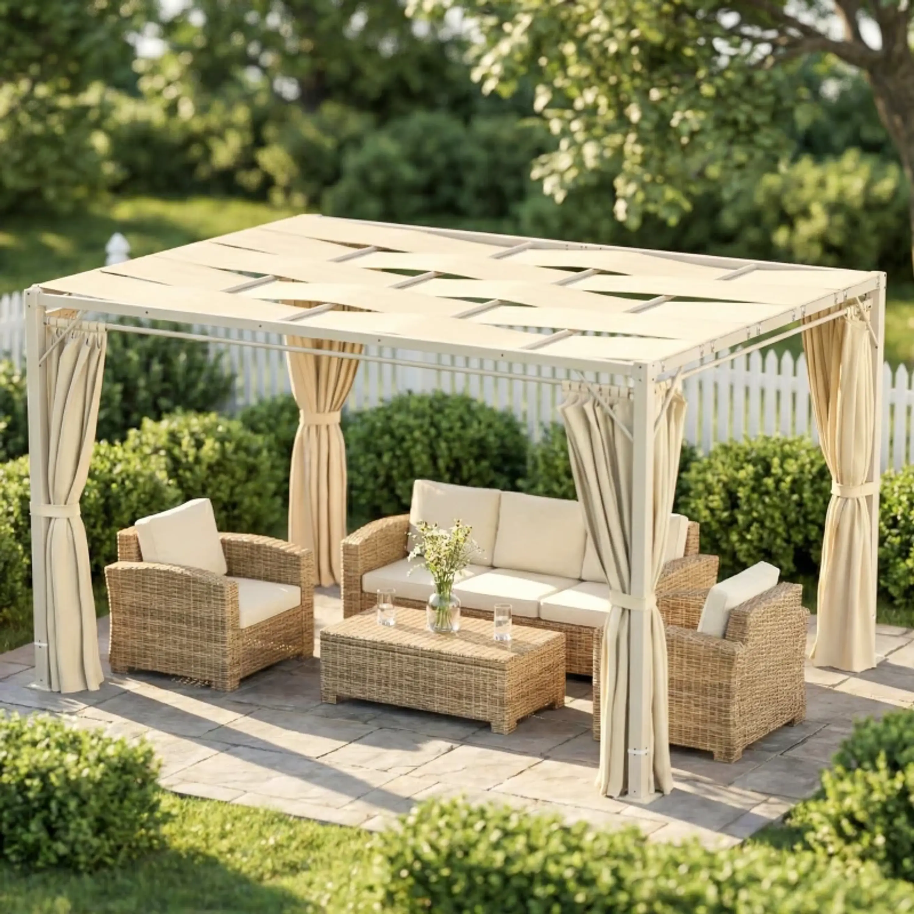 Pérgola de Jardim 385x295x225 cm com Teto Ondulado 4 Cortinas Removíveis Proteção UPF50+ 2