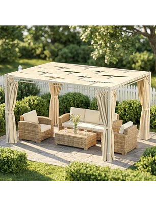 Pérgola de Jardim 385x295x225 cm com Teto Ondulado 4 Cortinas Removíveis Proteção UPF50+