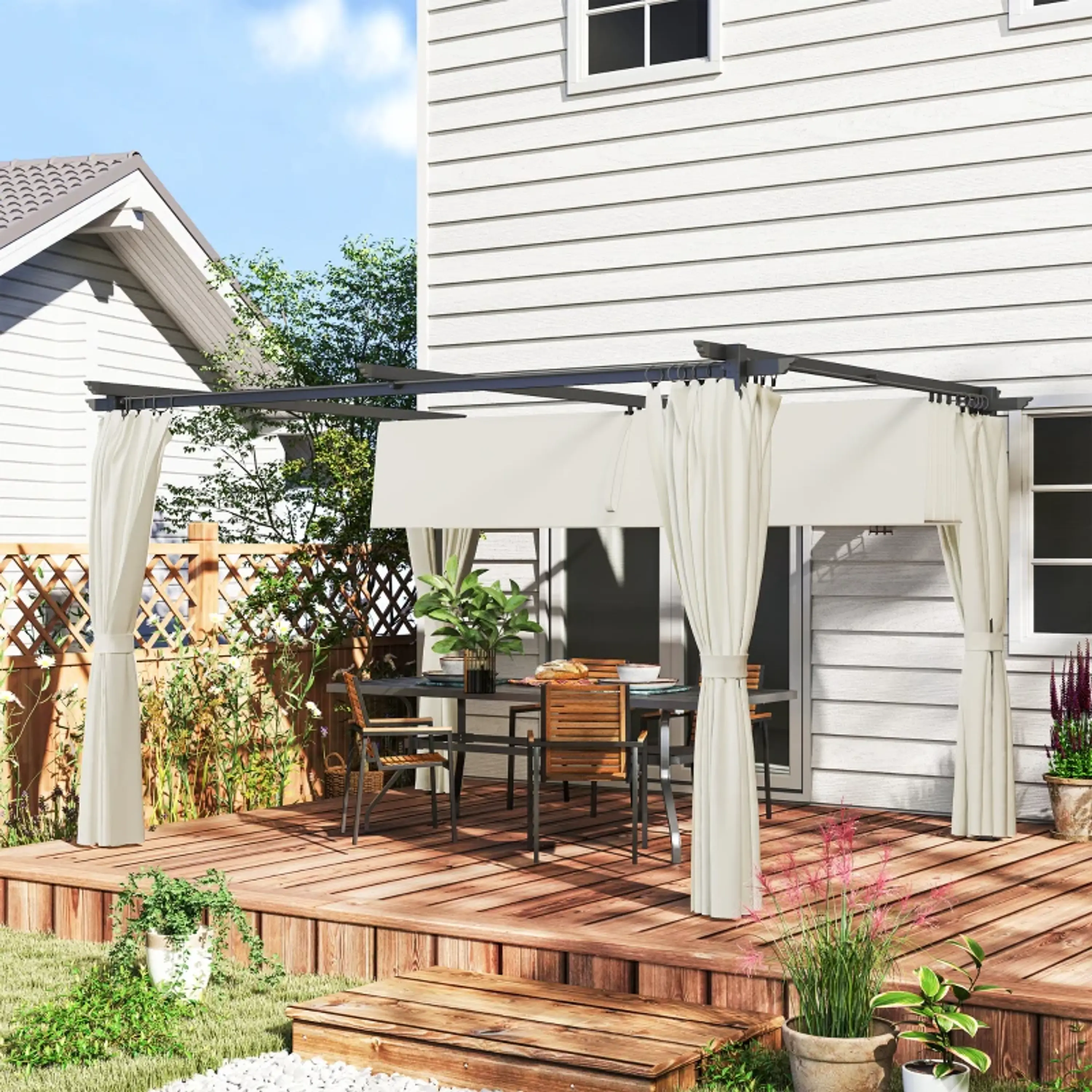 Pérgola com Teto Retrátil 3,9x3x2,2 m Paredes Laterais Tecido de Poliéster Anti UV  2