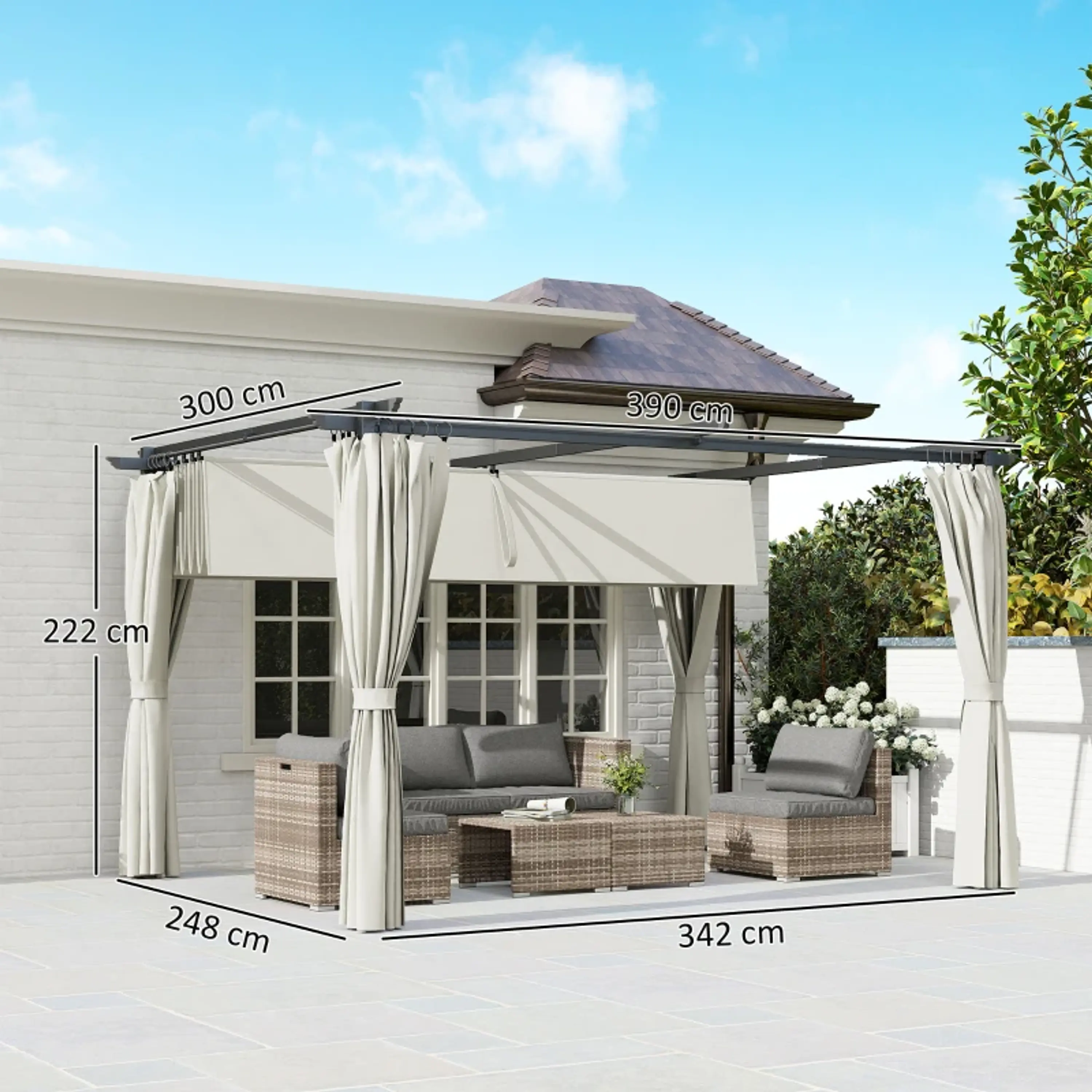 Pérgola com Teto Retrátil 3,9x3x2,2 m Paredes Laterais Tecido de Poliéster Anti UV  3