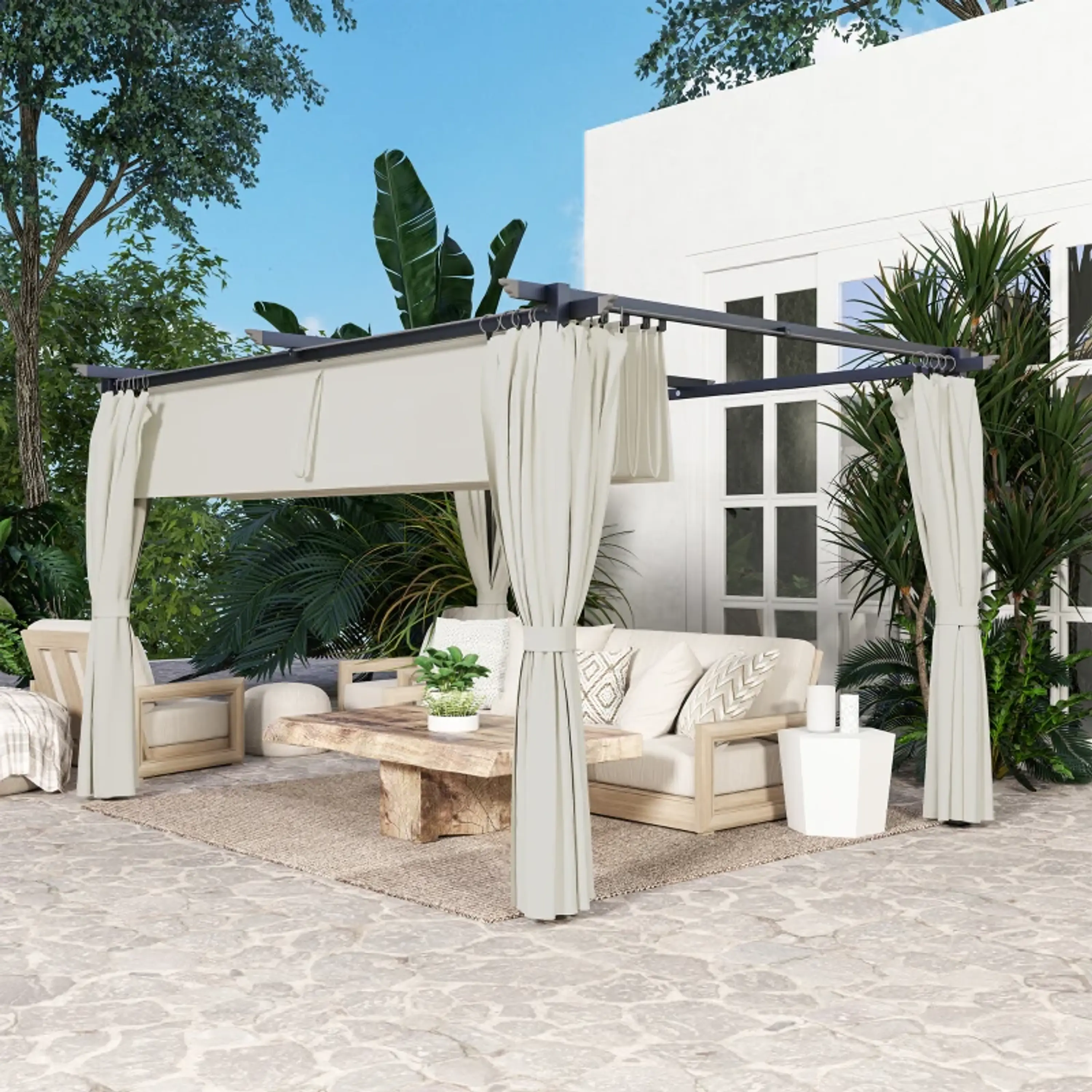 Pérgola com Teto Retrátil 3,9x3x2,2 m Paredes Laterais Tecido de Poliéster Anti UV  13