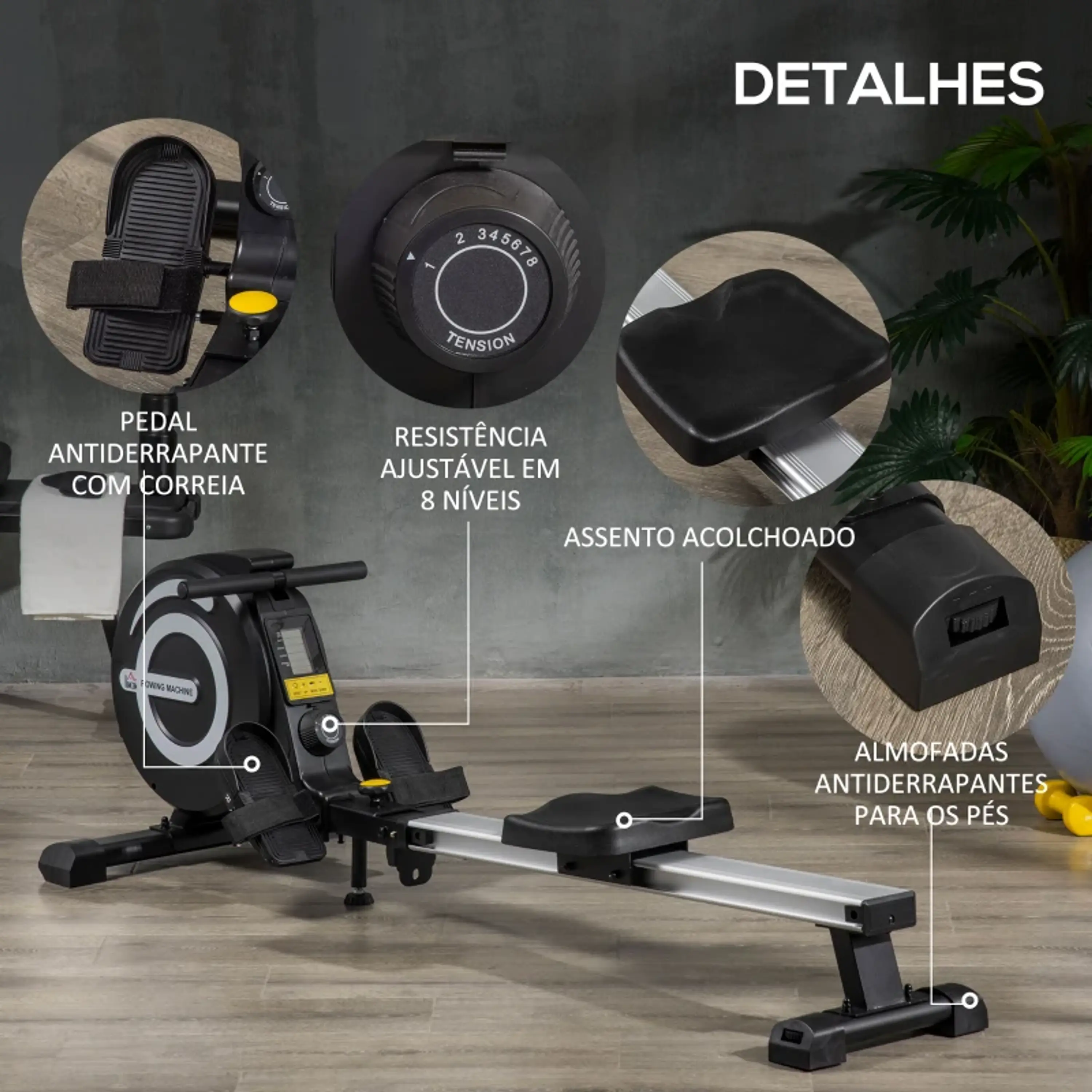Máquina de Remo Dobrável com 8 Níveis de Resistência Magnética 2