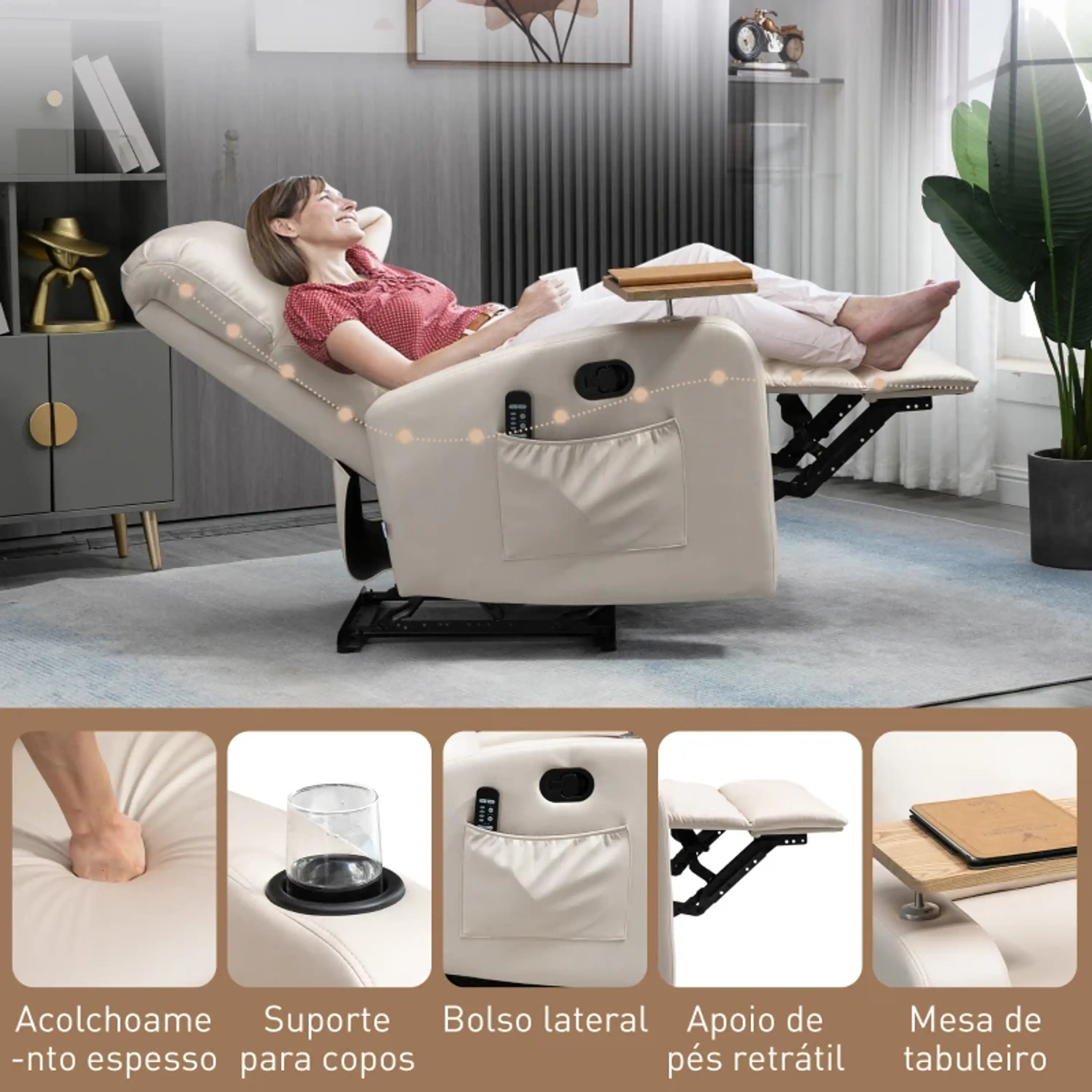Poltrona de Massagem de Vibração Reclinação 145° com mesa de apoio 6