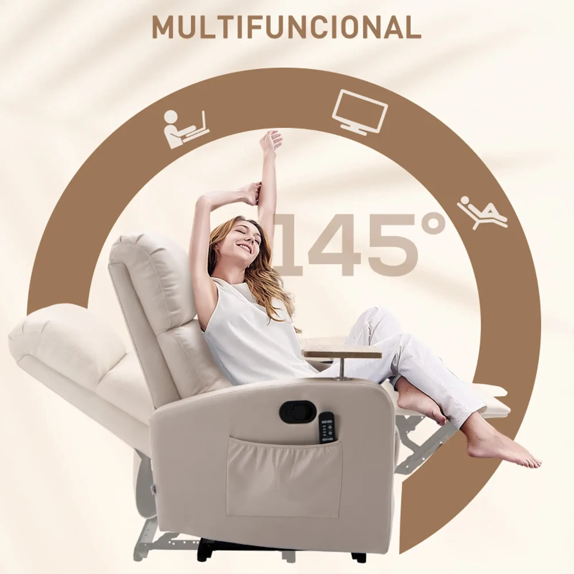 Poltrona de Massagem de Vibração Reclinação 145° com mesa de apoio 2