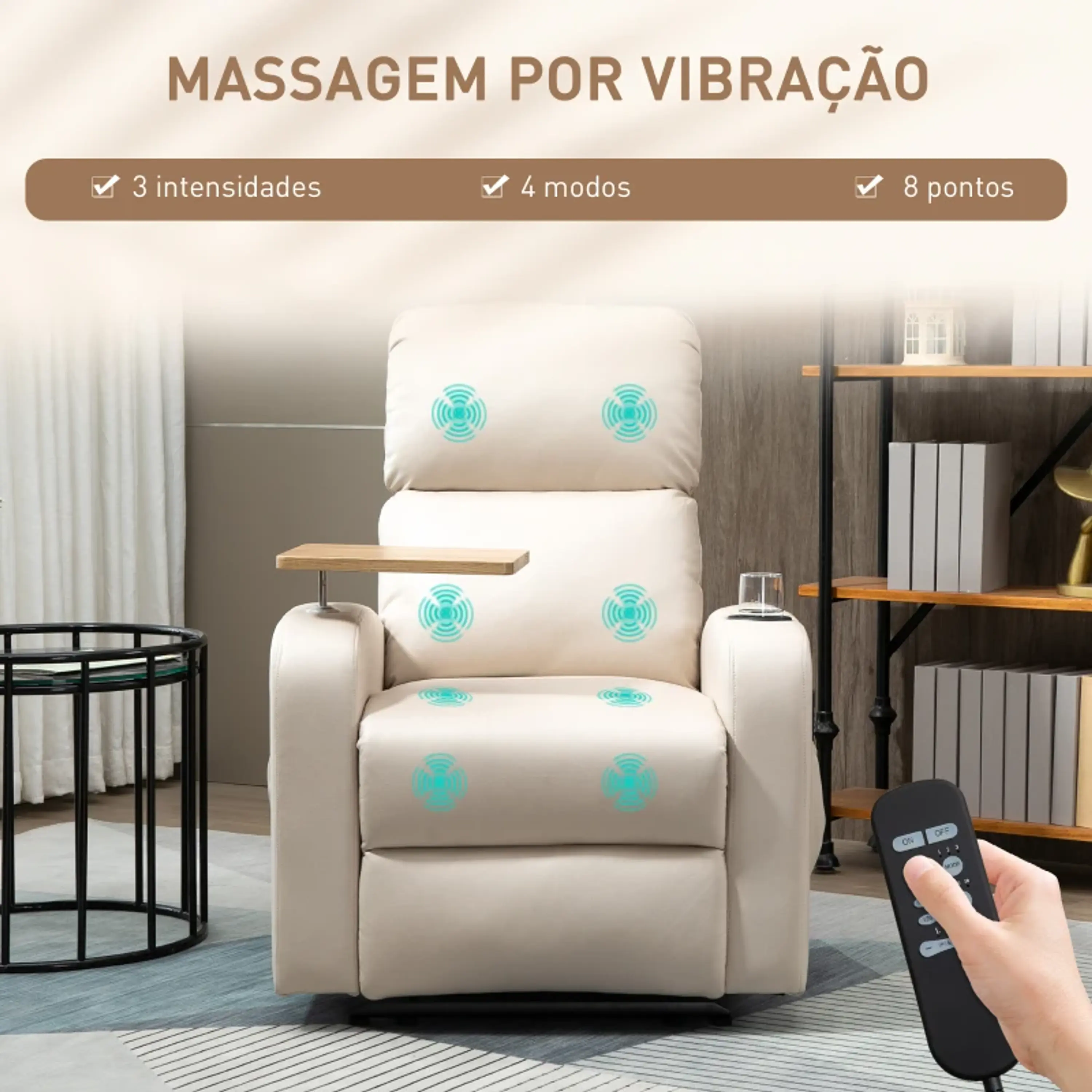 Poltrona de Massagem de Vibração Reclinação 145° com mesa de apoio 10