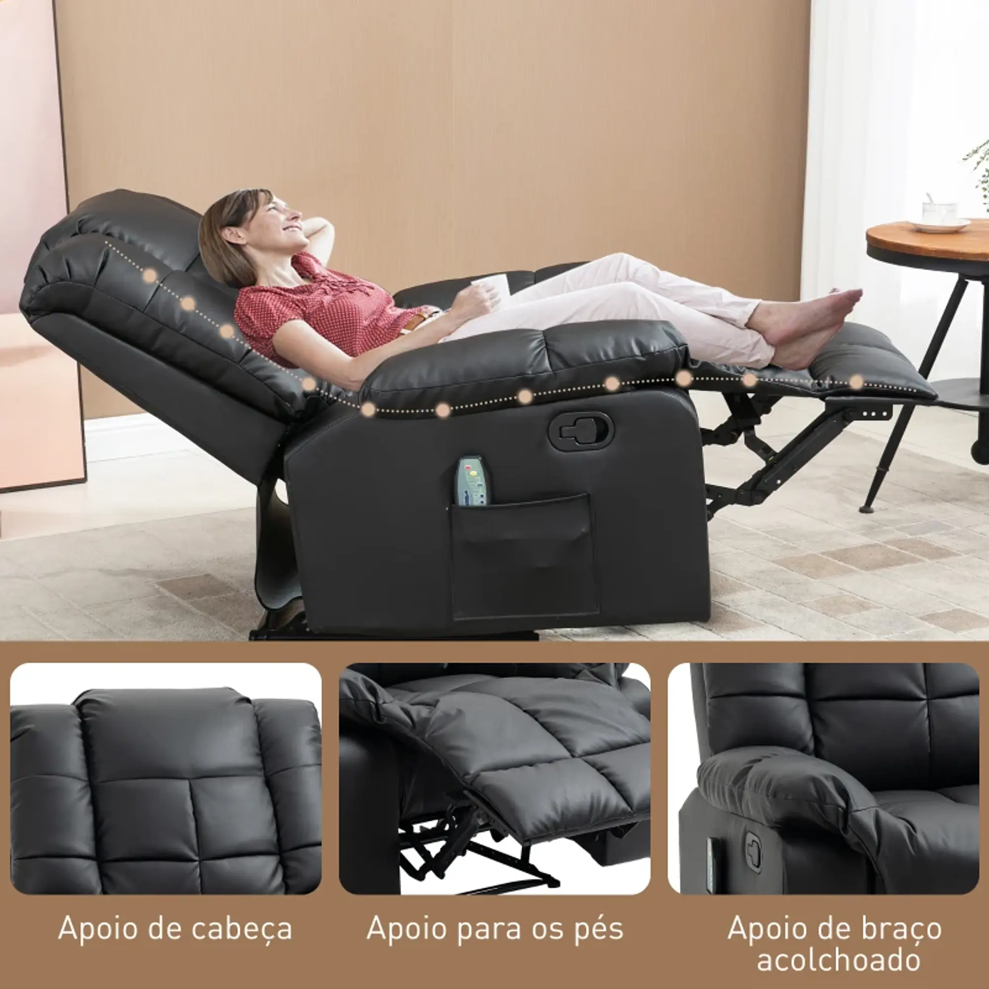 Poltrona Relax Reclinável com 8 Pontos de Massagem Controlo Remoto Estofada em PU 94x99x99 4