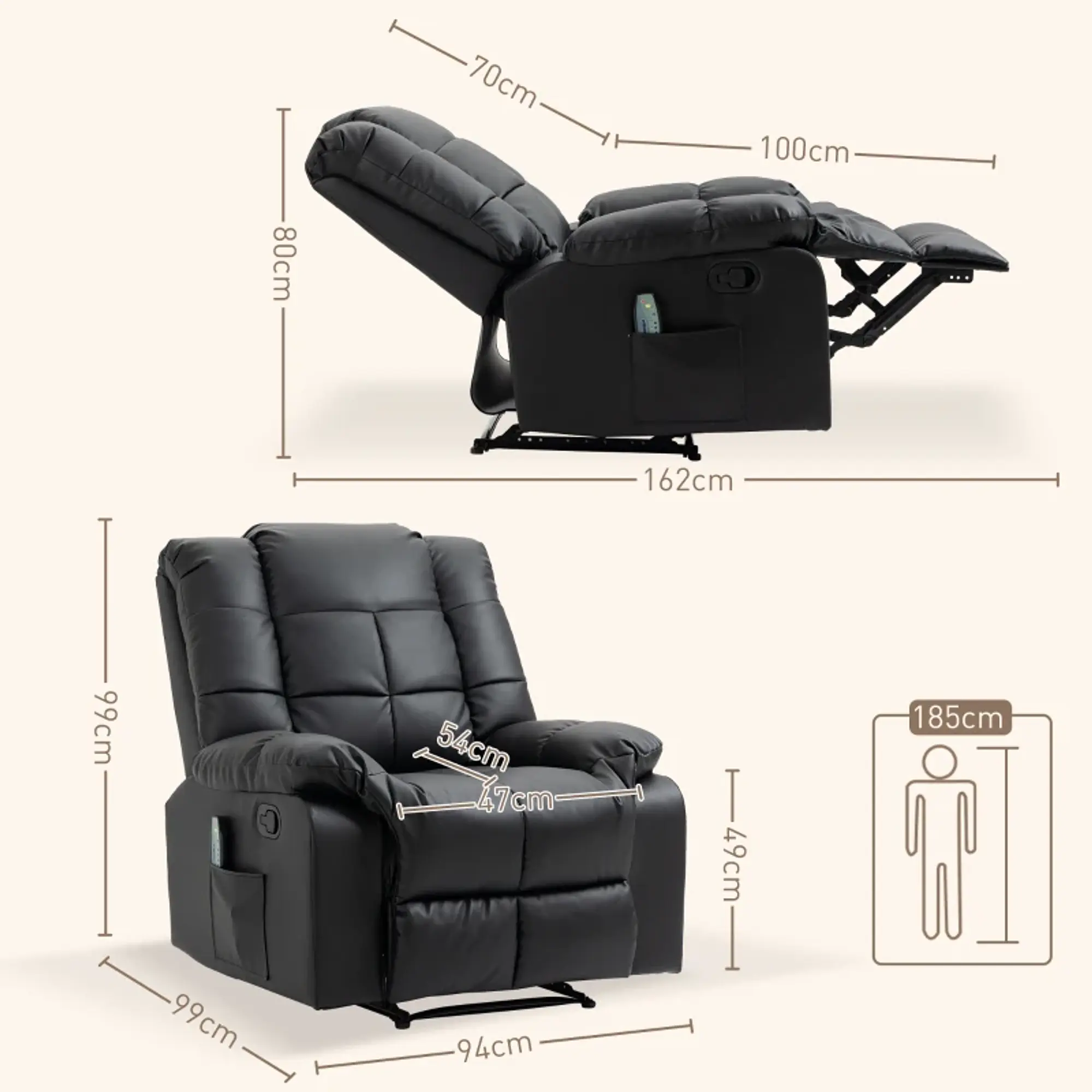 Poltrona Relax Reclinável com 8 Pontos de Massagem Controlo Remoto Estofada em PU 94x99x99 3