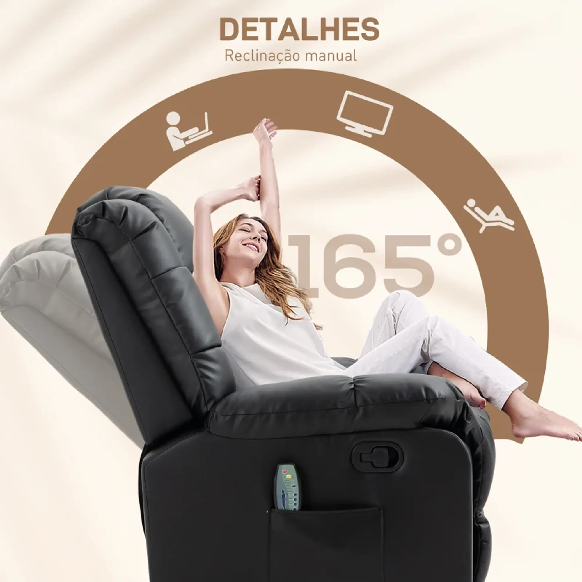 Poltrona Relax Reclinável com 8 Pontos de Massagem Controlo Remoto Estofada em PU 94x99x99 8