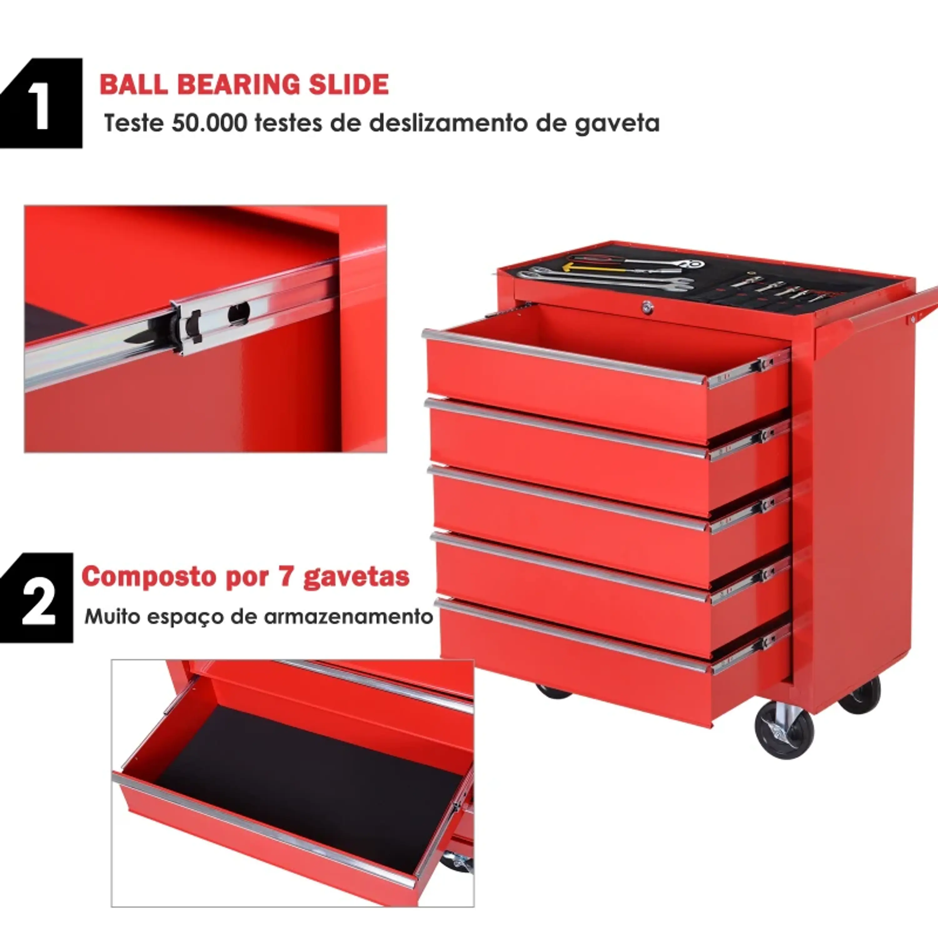 Carrinho de Ferramentas com 5 Gavetas Rodas Aço 69x33x75 cm Vermelho 5