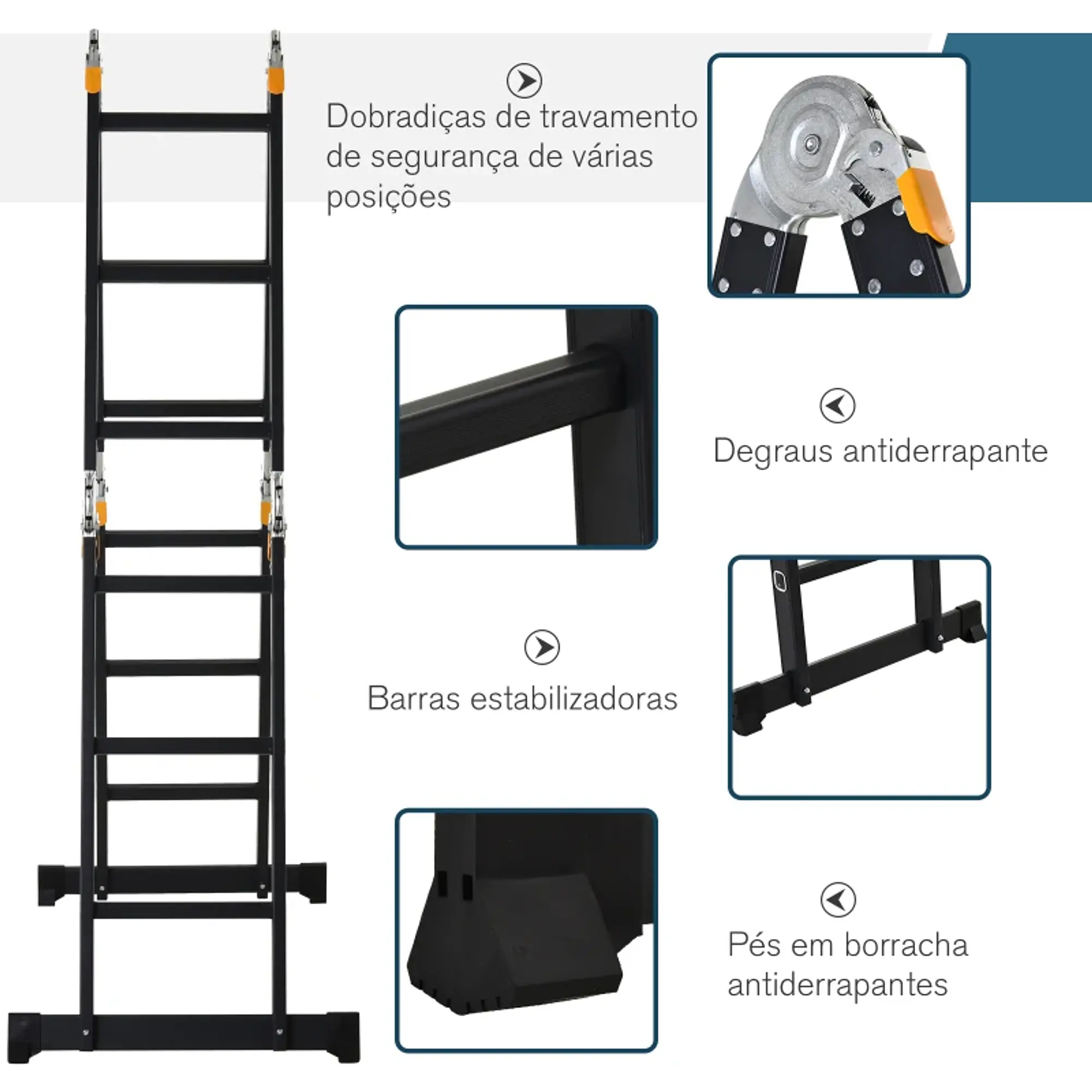 Escada multiuso dobrável 5 em 1 com 2 placas de alumínio 70x61x11 cm Preto 5